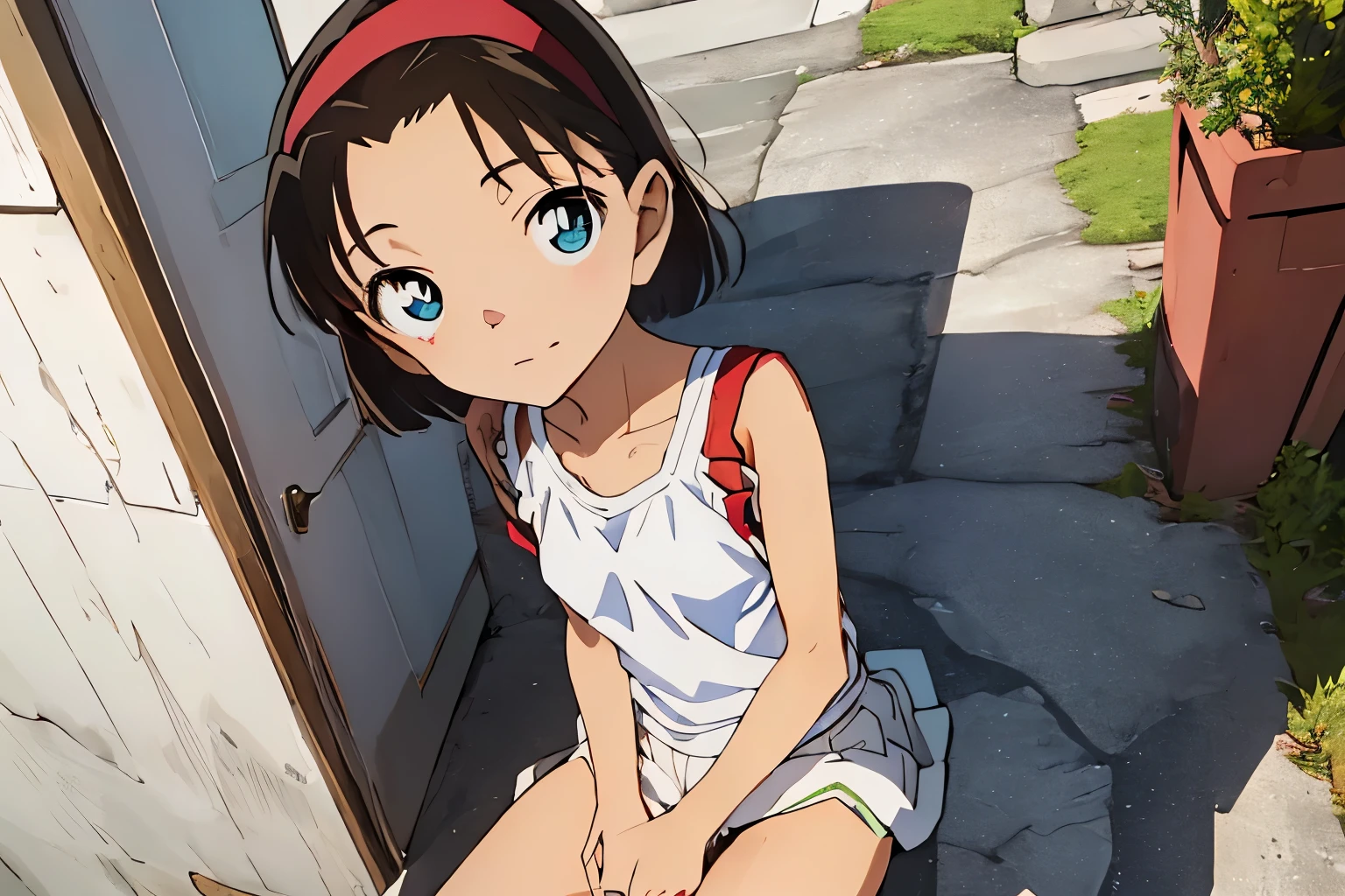 NSFW,(Small breasts:1.5),(((white lpanties))),shirt,skirt,,sitting,
Yoshida Ayumi,1girl, 10 years old , Brown Hair, short hair,  , blue eyes, red headband,View Viewer,Japanese backpack for primary school students,Short sleeve, Expressionless, indoors, Flat Chest, clavicle, door,blue sky,White cloud,outdoor,street,, break masterpiece ,8k unity wallpaper,anime key visual,highest quality, High resolution, unity 8k wallpaper, (shape:0.8),anime coloring,highly detailed face, detailed eyes,growing eyes,shiny skin,fine skin,white skin,dense skin,detailed hair,highly detailed legs,perfect lighting, Detailed CG,detailed skin,detailed face,detailed eyes,glowing eyes,dense skin,shiny skin,(perfect hands, perfect anatomy),High resolution,(Detailed wear ),slender limbs, delicate curves, dainty hands,figure:0.8,