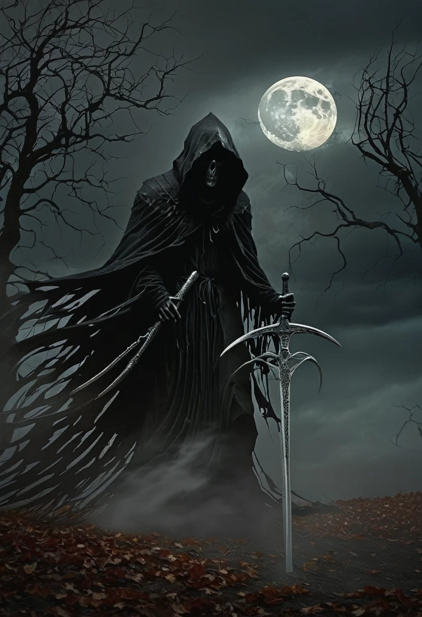 (best quality,highres),detailed reaper with scythe,ominous atmosphere,dark fantasy,gothic style,heavy shadows,misty fog,moonlit night,rustling leaves,sinister presence,mysterious figure,sharp sickle,hooded cloak,ethereal glow,ominous sky,chilling wind,ominous aura,gloomy setting,whispering echoes,haunting landscape,spectral beauty,color contrast,dramatic composition,spooky vibes,dark imagery.