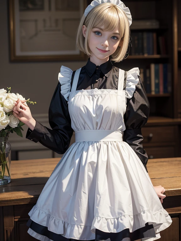 8K,Masterpiece,One woman,Smile,30 years old,blue eyes,Blonde Hair,Short Bob Hair,(Maid clothes),Ella Freya, a beautiful Dutch YouTuber(Ella Freya),