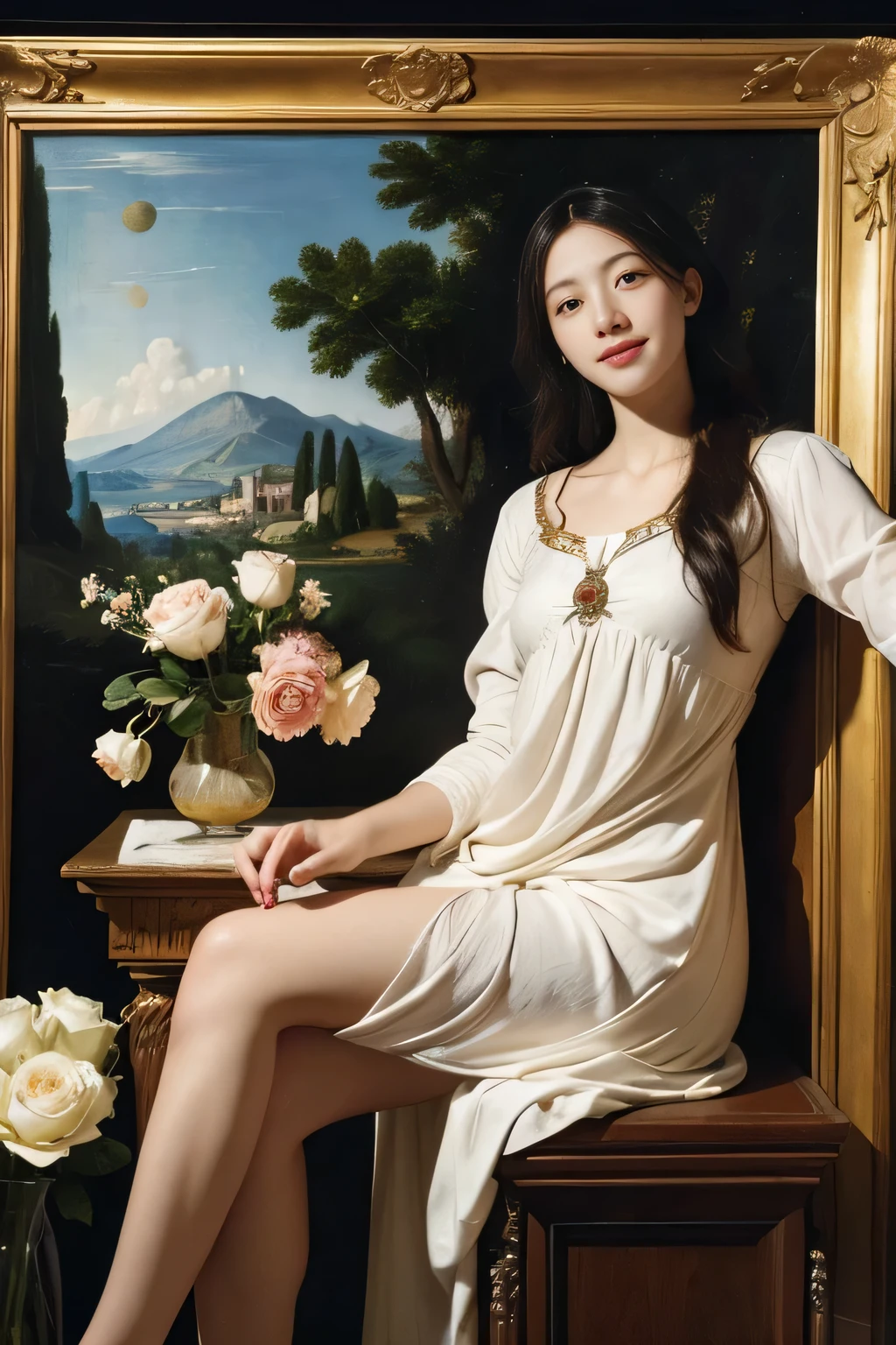 Txt2IWhite winged female angel.full body portrait or statue、Sandro Botticelli painting style,A,math、astronomical machine、astronaut、roses in vase、fruits、Cute trinkets、smile、ancient greek costume、Ancient Roman landscape in the style of Nicolas Poussin,laughter,,Sweet and seductive appearance.、Caravaggio's paintings、Chiaroscuro of Caravaggio、hair tousled by the wind,,cute smile, expression of ecstasy,Sexy,erotic