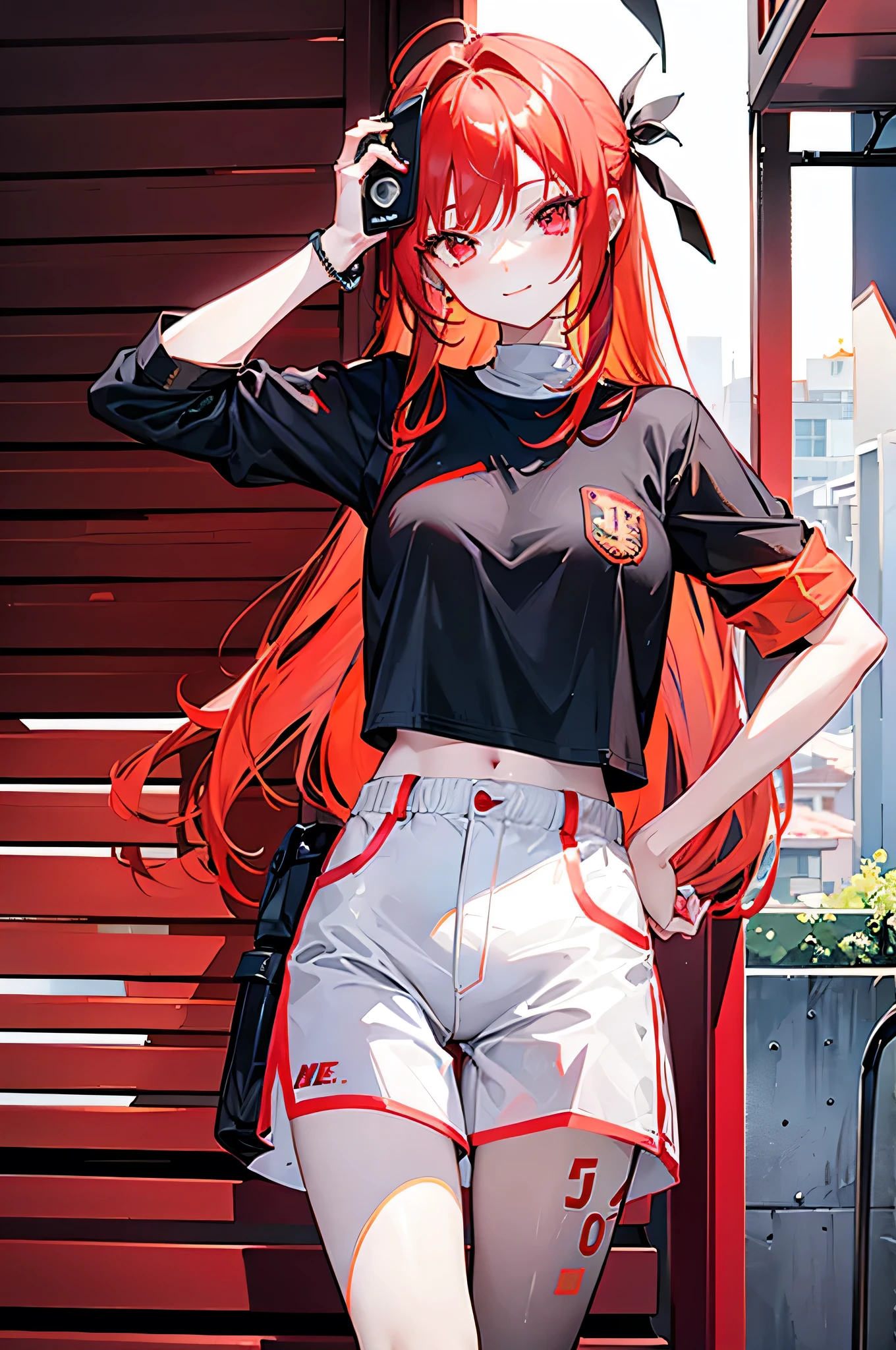 rap anime girl, long RED AND ORANGE hair, bright ruby red eyes, sun, crimson red dry fit shirt nike, black cargo pants, balcony of a house, black cap, holding an iPhone, a beautiful smile, beautiful flower tattoo on her right arm , white Nike sneakers