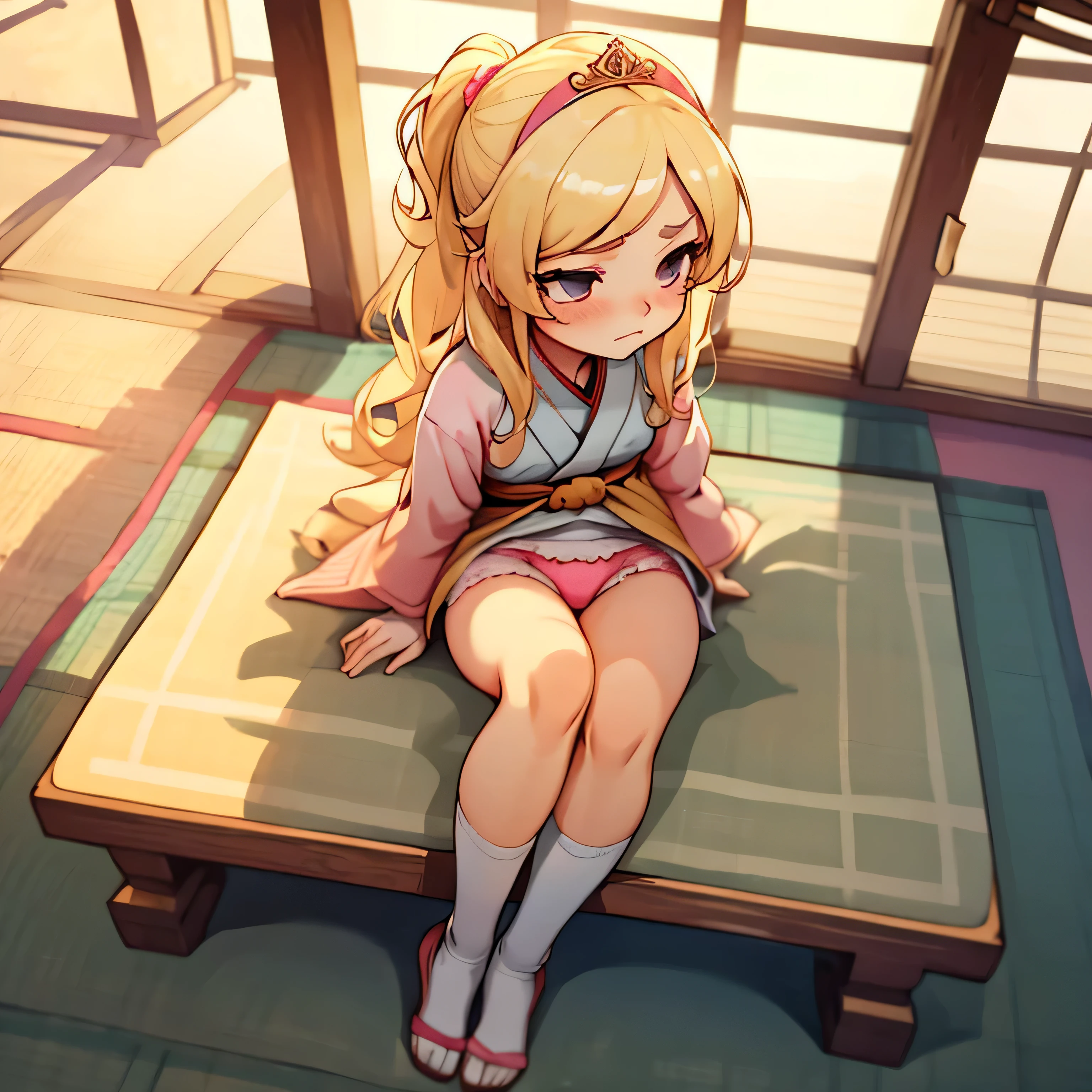 A blonde-haired caucasian queen is in a Japanese-style school with tatami mats. reality, masterpieces, cute, beautiful, slender, knee-high socks, Emotionless look on her face, pink panties