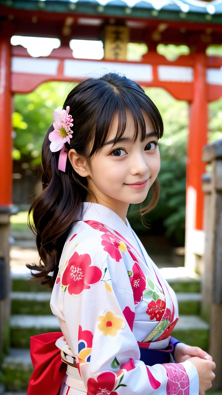 (Best-quality, Masterpiece, Ultra-High-Resolution, (Photorealistic:1.4), Raw Photo, depth of field, professional lighting, perfect anatomy, extremely details), 1girl, 15-years-old, the most famous Japanese idol, cowboy shot, dynamic pose, at Japanese-shrine, wearing Japanese-KIMONO with cute-design, extremely cute face, ((extremely cute big-eyes)), extremely cute hair, extremely cute skins, extremely cute long-eyelashes, extremely cute lips, looking at viewer, innocent smile, detailed Japanese-KIMONO, detailed Japanese-shrine