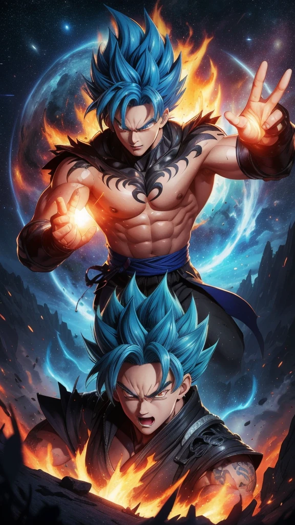 &quot;Get ready for a visual feast，Goten has a handsome face and sharp red eyes, Glowing blue hair and tattoos, Well-proportioned portraits and landscapes, And perfect figure. In his transformed state, He exudes extreme instinct and strength, Create an epic animation about this energetic man. The flames and lava in this stunning anime artwork will amaze you. This concept art comes straight from the universe, Comic-style 8k wallpapers will take you into another dimension. Prepare to be blown away by this detailed work of digitally animated art, The ultimate combination of style and power.''