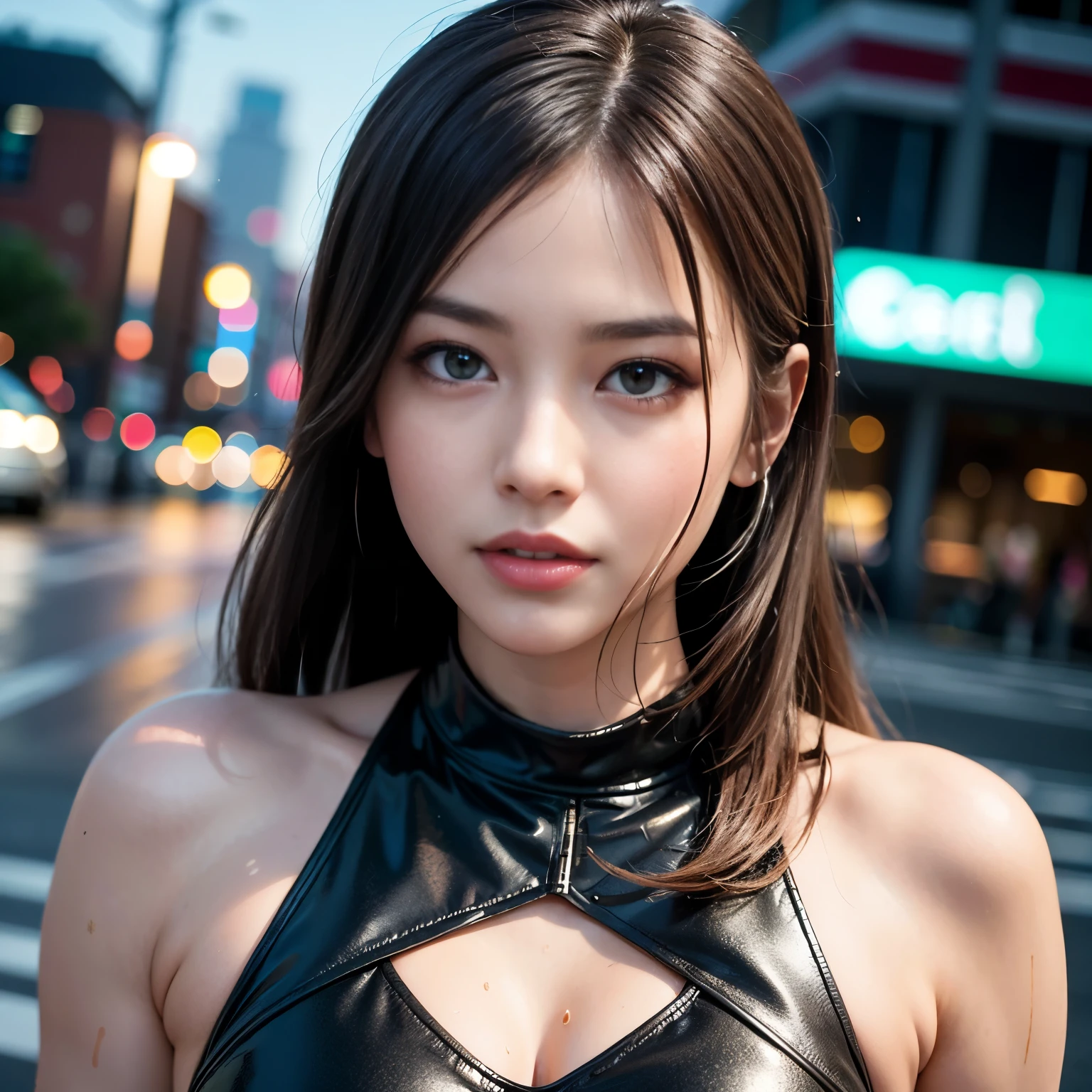 (highest quality、4K、8k、High resolution、masterpiece: 1.2)、Very detailed、(Genuine、Realistic、Realistic: 1.37)、photograph、(close-up of face from the front:1.7)、((Young and very beautiful woman))、The woman is wearing protective clothing、(Ride a motorcycle and race)、(Leaning the motorcycle into a corner)、(Flowing hair and flowing clothes、background、Motion Blur Effect:1.37)、spark、Incandescent bulb、Neon color、Future City、Vibrant Street、Light reflections on wet sidewalk、Skyscraper、Sculptural architecture、Holographic Signage、Stylish and sophisticated design、Blurred motion of speeding cars、energy and excitement in the air、(Windy atmosphere)、Moonlit cityscape、Cafe Racer of the Future