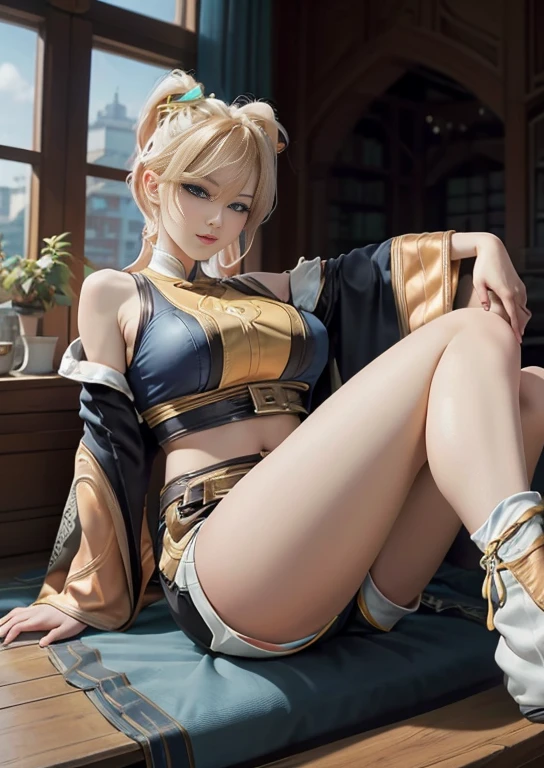 best quality, realism, real, photo: 1.4), Ji Xiaoman, Blond, blue eyes, big breasts, large breasts, thick legs, thights, laying, holding her two legs up, straight up legs, legs crossed, real, photo"