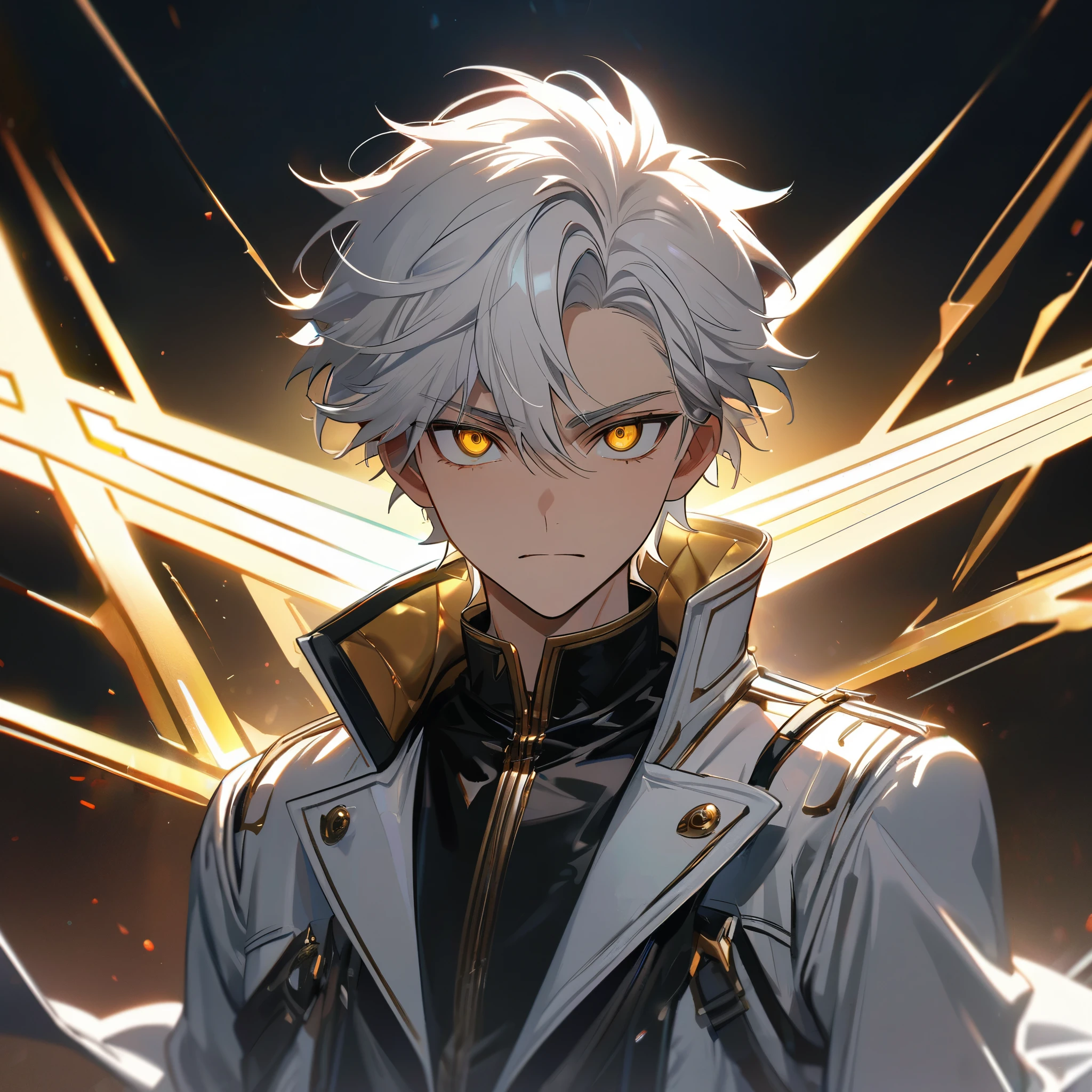 High quality, HD, 4k, handsome male, 1male, 17 years old, teenager, golden lining, short white hair, sharp eyes, gold eyes, devil may cry, close up, calm expression, stoic expression, black leather clothes, white leather clothing, upper body, looking at viewer, cowboy shot, white solar, shining background
