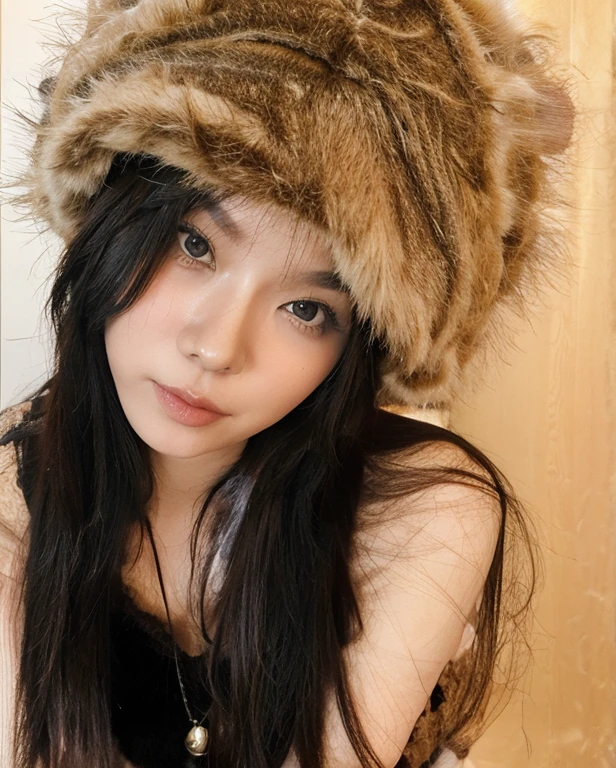 (best quality) uma garota, Asian, cabelos escuros pretos, magra, bonita, olhos grandes e castanhos, contains a brown Russian ushanka with black details on the head.