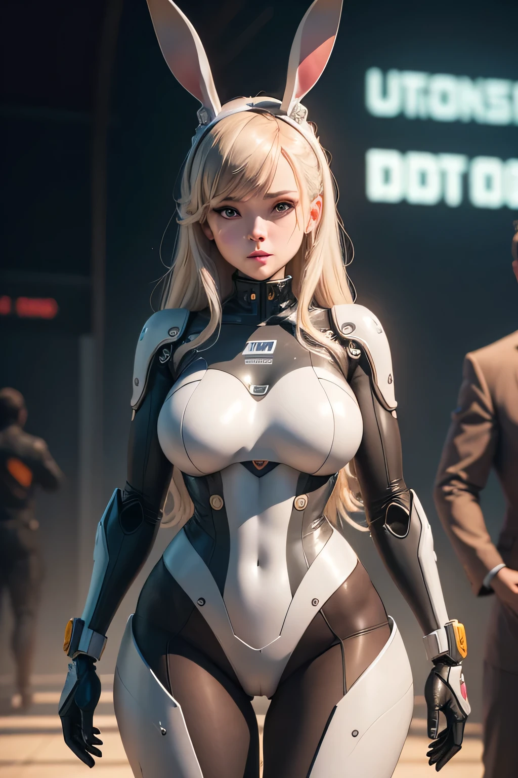 A female investigator who was remodeled into a bunny girl robot A mechanical body designed with a bunny girl costume looking surprised A man is standing behind, UHD, retina, masterpiece, ccurate, anatomically correct, textured skin, super detail, high details, high quality, award winning, best quality, highres