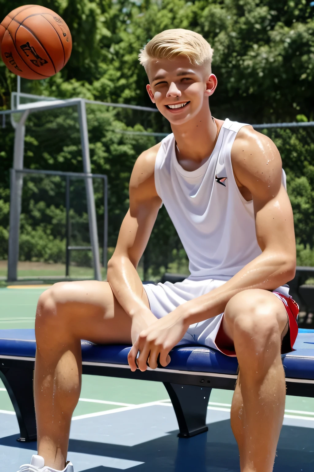 a lean skinny 18-year old shirtless caucasian boy wearing white basketball shorts, red and black rubber shoes, undercut blonde hair, cute face, green eyes, tanned skin, smiling, drenched with sweat, sweating profusely, sitting on the bench in the outdoor basketball court