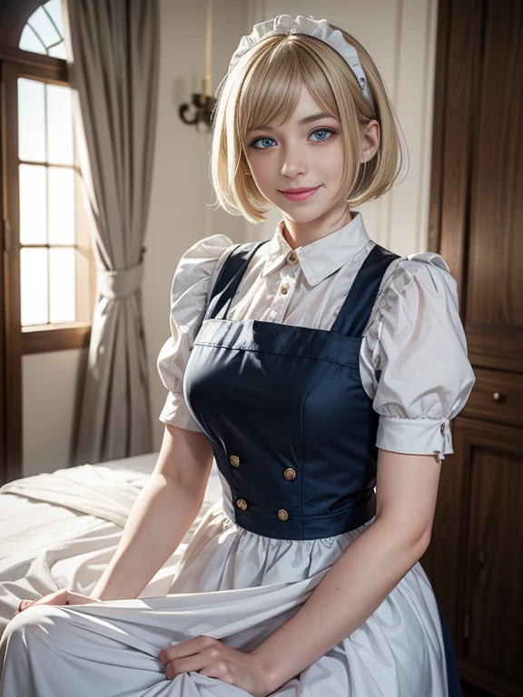 8K,Masterpiece,One woman,Smile,30 years old,blue eyes,Blonde Hair,Short Bob Hair,(Maid clothes),Ella Freya, a beautiful Dutch YouTuber（Ella Freya),