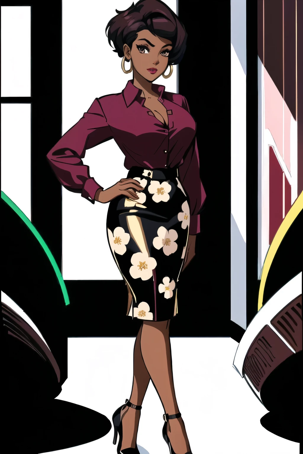 cartoon of a woman in a floral print black skirt and sleek burgundy button blouse standing in a room, buttons of blouse unbuttoned at top to show cleavage, in style of digital illustration, straight hair pixie cut, digital art of an elegant, chocolate brown glossy lipstick, wearing gold hoop earrings, urban girl fanart, wide hips, official character illustration, official illustration, high fashion classy, !!full body portrait!!, stylized digital illustration, black anime manga girl, nerdy black girl super hero, in style of nadine ijewere, anime cartoon artstyle