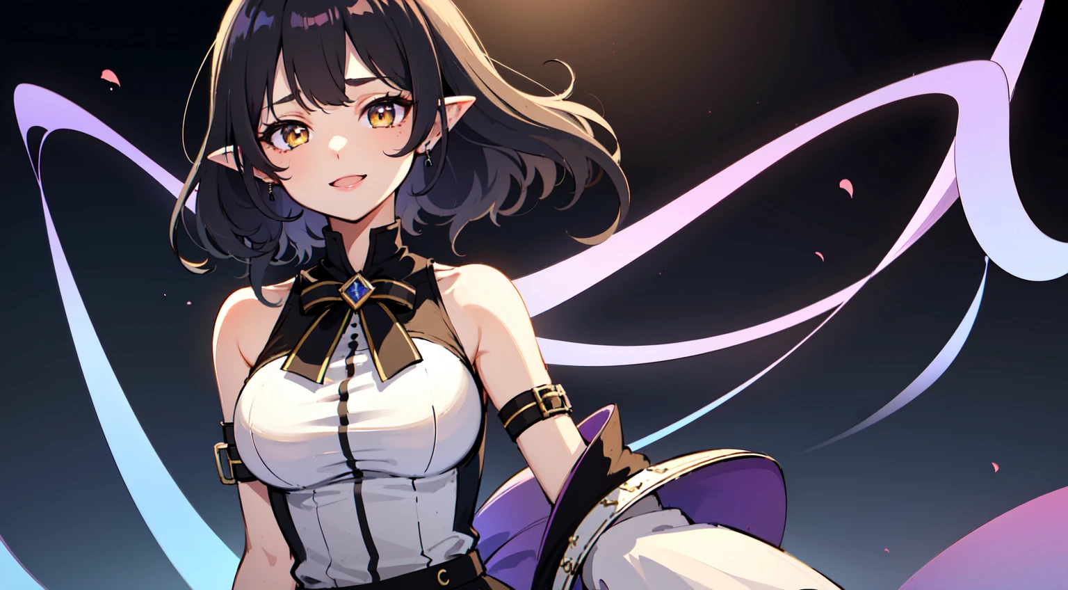 Looking at the audience, 1 girl, Open your mouth, smile, Virtual YouTuber、With a girl、((highest quality, expensive_solve, clear_image)),(purplish-black hair), (pointed ears), (Ahoge), (Incredibly short hair), (Wavy Hair), (Yellow Eyes)、Very large breasts,Wear a T-shirt、