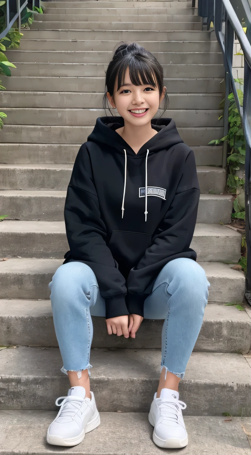 highest quality, Realistic, Very detailed, Finer details, High resolution, 8k wallpaper, One beautiful woman,Sit on the stairs、(Wear black socks)smile、(Beautiful teeth alignment、)(Gums are visible) Oversized hoodie, Skinny jeans,( Black sneakers)、Black Hair、 Beautiful Bangs、ear piercing、Perfect dynamic composition, Beautiful and detailed, Full Body Shot, A big smile
