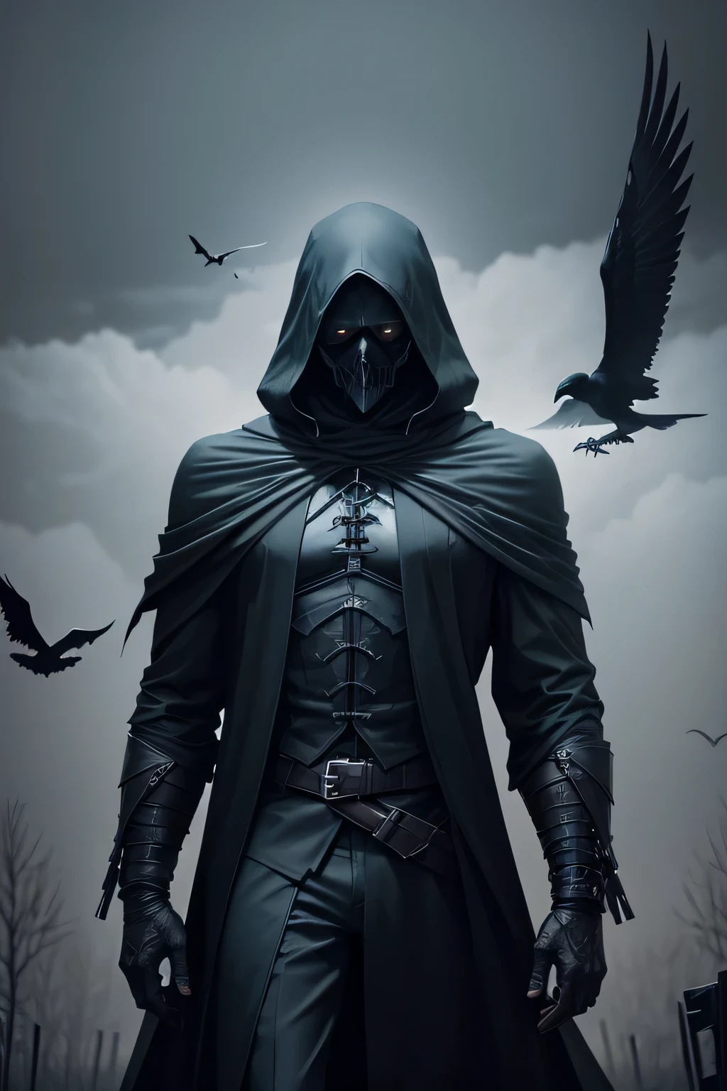 Black Reaper,Death standing in front of a tree,Birds flying around, Death of the Night!!!!, Reminds me of the Grim Reaper, Fantasy Dark Art, dark landscape, Dark Fantasy Art, Black Crow, An ominous fantasy illustration, Dark Fantasy Art, Dark Fantasy Artwork, Death is a terrible thing, Dark Hood Ghost, The crow as a symbol of death