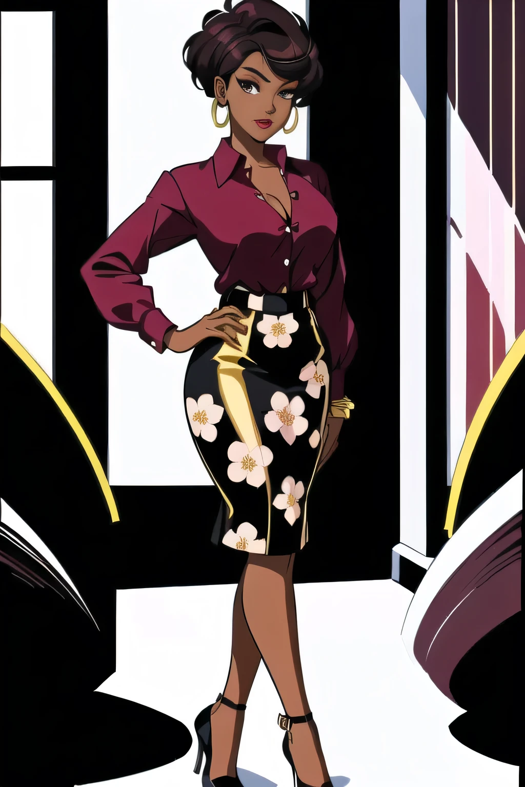 cartoon of a woman in a floral print black skirt and sleek burgundy button blouse standing in a room, buttons of blouse unbuttoned at top to show cleavage, in style of digital illustration, straight hair pixie cut, digital art of an elegant, chocolate brown glossy lipstick, wearing gold hoop earrings, urban girl fanart, wide hips, official character illustration, official illustration, high fashion classy, !!full body portrait!!, stylized digital illustration, black anime manga girl, nerdy black girl super hero, in style of nadine ijewere, anime cartoon artstyle