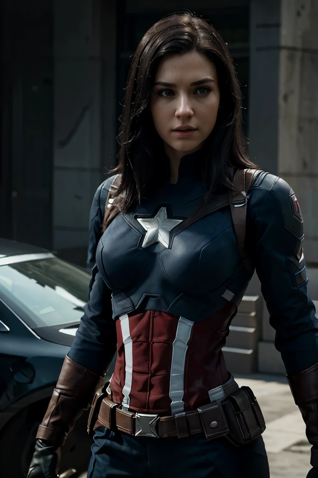 (best quality,ultra-detailed,photorealistic),captain america,woman,dark black hair,3D rendering