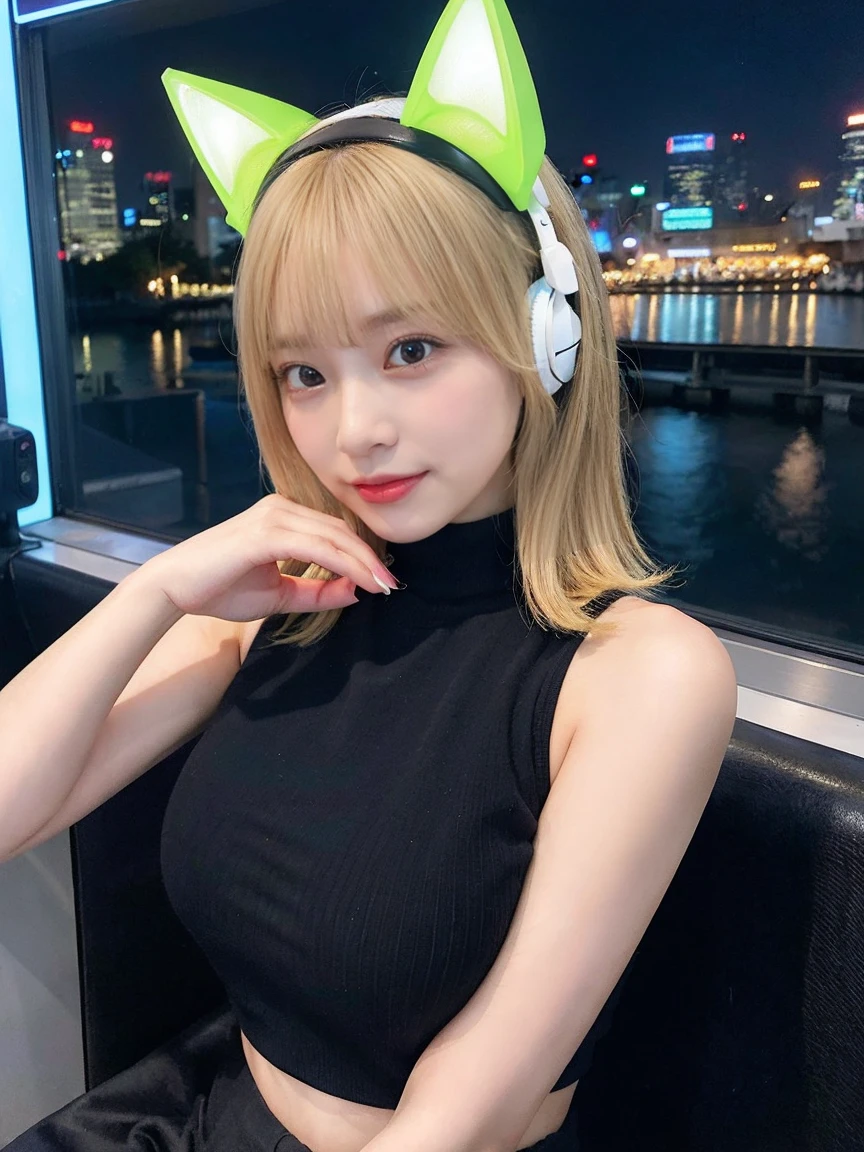 最high quality, masterpiece, 32k、Very detailed、Realistic、1 girl, Japanese women、Cute Face, (photo Actual:1.3),Bob Hair(Golden hair color、Blonde Hairstyles)、Edge lighting, (Skin with attention to detail:1.2), 8k超High resolution, Single-lens reflex camera, high quality, High resolution, 4K, 8k, Optimal ratio of four fingers to one thumb, (Actual:1.3), cute 1 girl, Realistic、Super Realistic、32k、Very detailed、masterpiece, 最high quality, beautiful girl, beauty、Mecha, Beautiful lighting, (Neon Light:1.2), (night:1.5), kpop idol costumes、Sleeveless outfit、Shorts、Large Breasts(Big Tits、With a valley)、Cat ear headphones(Headgear for games、Head Fan)、Are standing、Cyber Neon、Future City、Skyscraper、都会のnight、Shanghai、Big cities、night景、綺麗なnight景