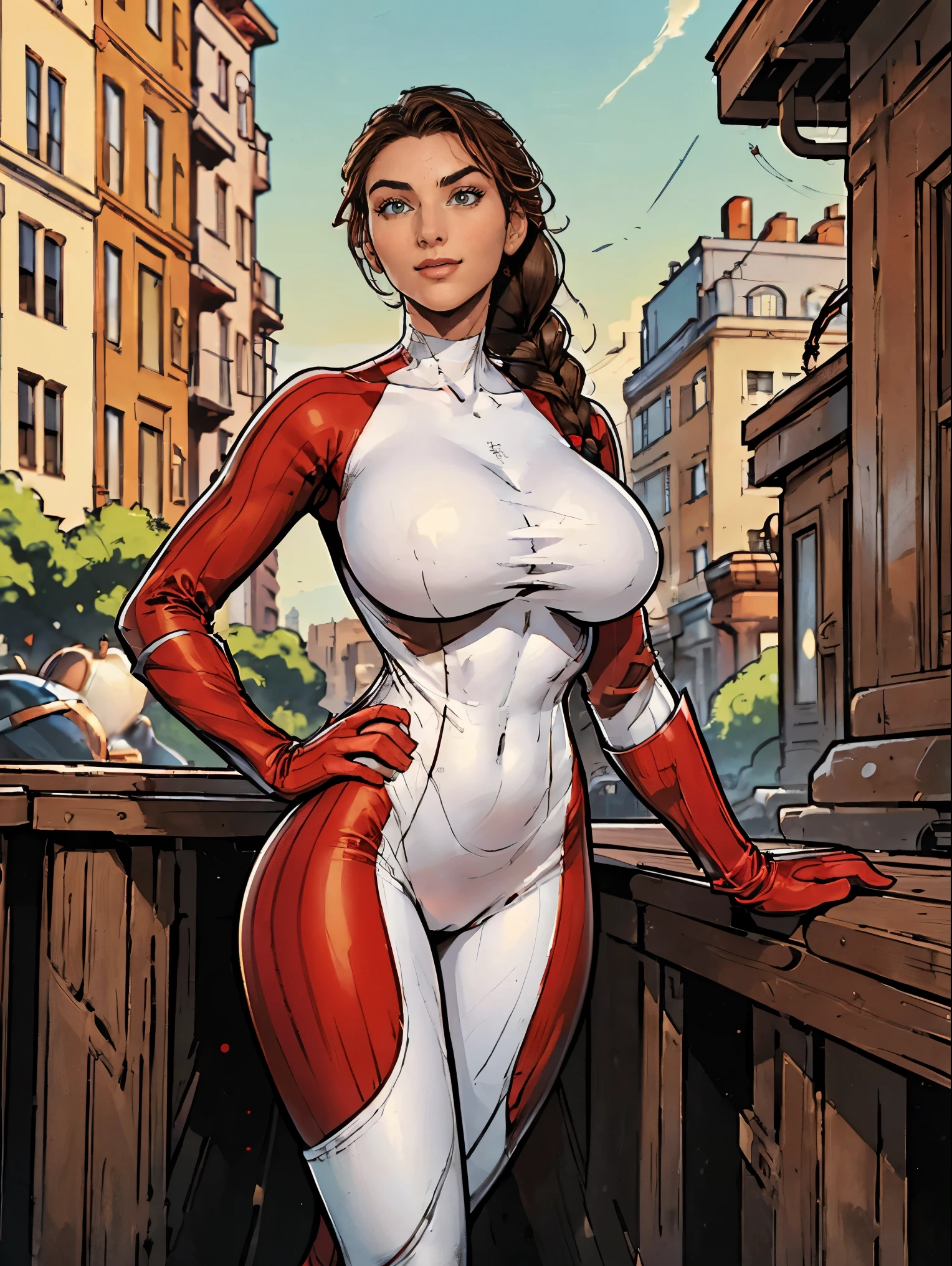 (masterpiece, top quality, best quality, official art, beautiful and aesthetic:1.2), (1girl:1.3), brown hair, braid, extremely detailed, portrait, looking at viewer, solo, (full body:0.6), detailed background, close up, mischievous eyes, (warm city superhero theme:1.1), pleasant smile, brunette, aquiline nose, green eyes, braid, ((gigantic breasts)), (thin), athletic, superhero. Wearing a sleek, satin (high-neck) (sleek white and red striped bodysuit), ((red sleeve stripes, red leg stripes)), (white sides, red center), modest, fully-covered, long red gloves, long red boots, slim waist, slim hips, long legs, modern (city street exterior:1.1) detailed background, bright optimistic lighting, shadows, magical atmosphere, dutch angle