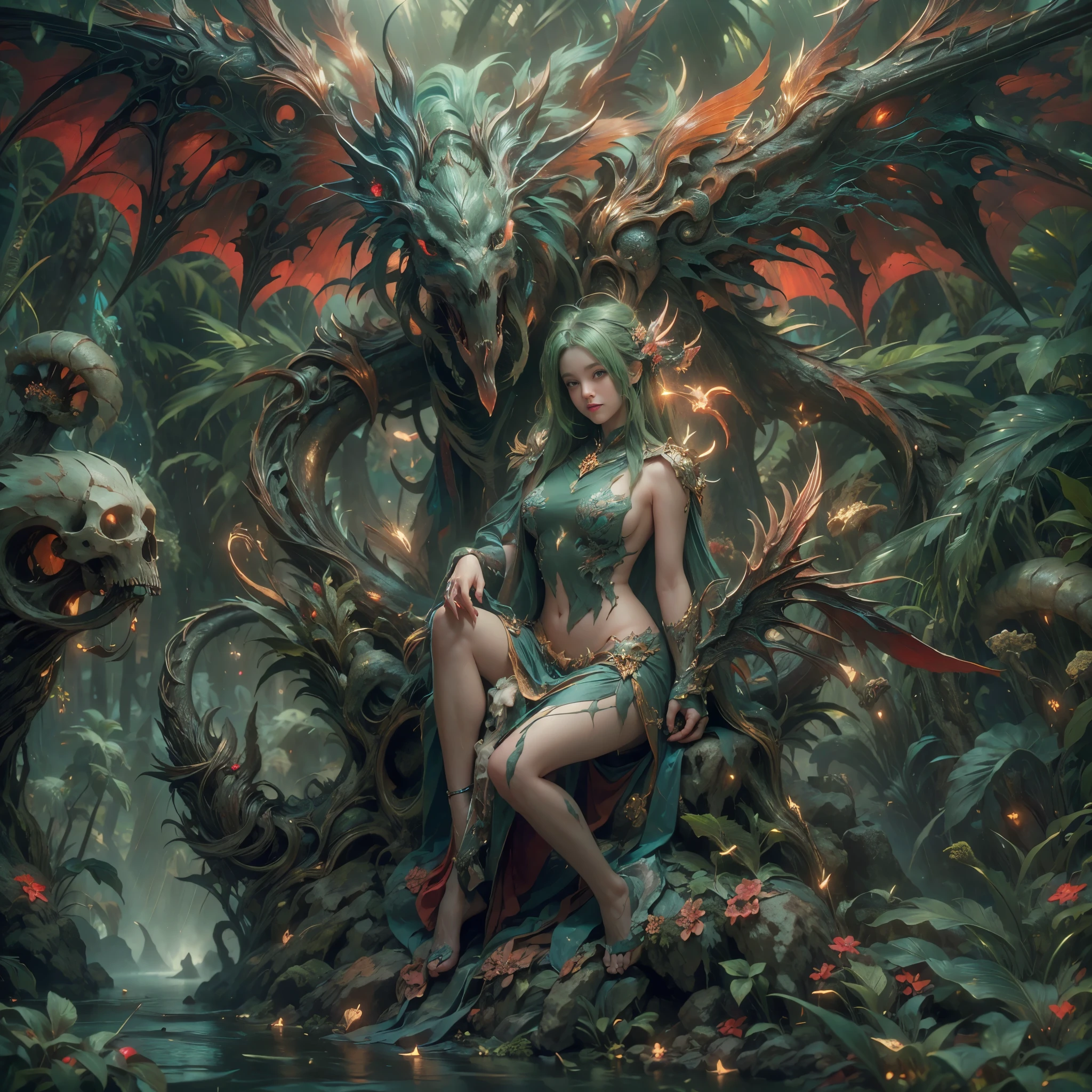 (((8k RAW photo, hyper realistic, masterpiece, best quality, crisp detail, high definition, high detail, very rich detail, sharp focus, sharp detail, colorful, rich color, cinematic, perfect studio lightning, full body photograph, mystic atmosphere))), ((fully naked young colorful evil forest goddes, fully nude, smooth body, ideal body, evil smile)), (sensual pose, temptating viewer, spreading legs, showing pussy to viewer, big breast, (showing (pussy, vagina, genital, nipples))), ((green hair)), holding really big long  sword, ((wood dragon wings, tail)), ((very long sharp claws)), ((deep rain forest)), (hundreds of ( skull, bone) on land), ((naked female forest demon behind)), sorrounded by colorful poisonous mushrooms and flowers, natural deep river,