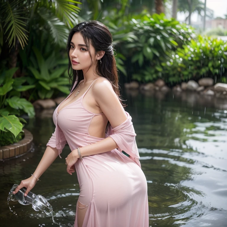 Arabic Woman walking in summer rain, ((in city park)), ((fully clothed)),, ((rain)), long pink summer dress, light grey cardigan, ((pink dress)), bracelets, jewelry, beads, closeup fantasy with water magic, housewife, overcast, humid, tropical, summery palette, playful, gentle smile, clothes made of water, photorealistic, dripping wet, beautiful realistic photo, hyper realistic fantasy photo, close up, narrow depth of field, 8k, ((drenched)), ((soaked)), (dripping water), dripping oil, heavy clothes, soaked in oil, medium breasts, lawn, wet all over, wet dripping hair, huge breasts, curvy, varied poses, emphasize round ass, producing round ass,