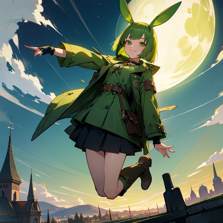 Green rabbit ears, green animal ears, a girl, bob cut, green hair, green eyes, thin eyebrows, smiling, young, alone, short, blouse, coat,choker, long boots, red hood, fingerless globe, belt, waist pouch,10-year-old, baby face, jumping, in the sky, at night, with a full moon