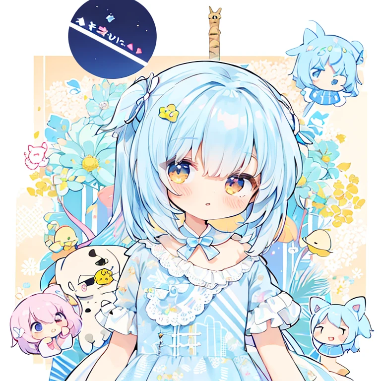 Chibi Character、、Light blue hair、short、Ruffled Dress