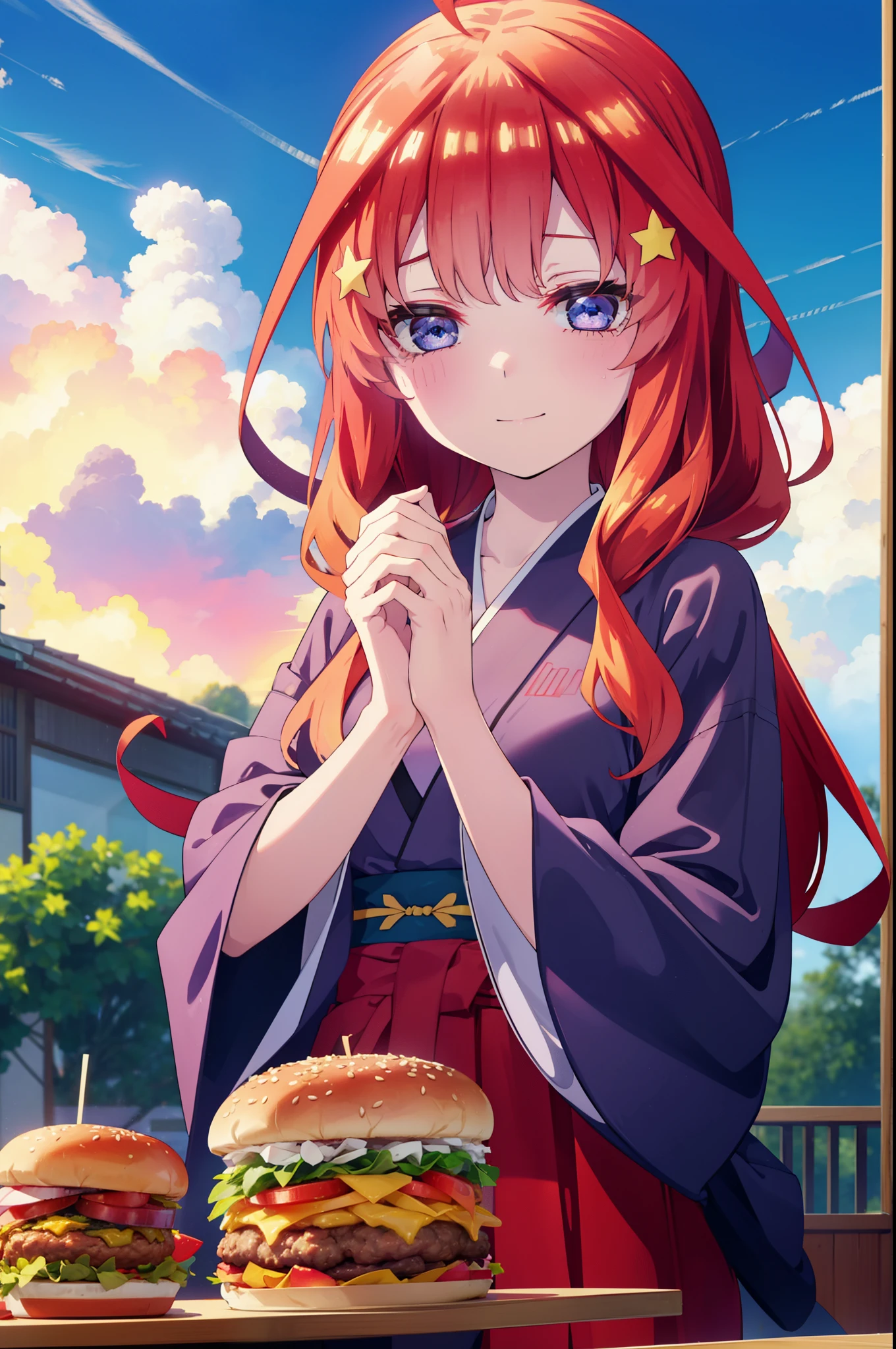 itsukinakano, Itsuki Nakano, bangs, blue eyes, Hair between the eyes, Ahoge, Redhead, star \(symbol\), hair ornaments, star hair ornaments,happy smile, smile, Close your mouth,
Bellflower,Shrine maiden,white kimono, Red too,kimono, Same as skirt, Wide sleeves, Long sleeve, Ribbon Trim Sleeve, Low Ponytail, noon,sunny,background,blue sky,The viewer is staring at a pile of burgers on a table., Are standing, 
break looking at viewer, Upper Body, whole body,
break outdoors, Burger Shop,
break (masterpiece:1.2), highest quality, High resolution, unity 8k wallpaper, (shape:0.8), (Fine and beautiful eyes:1.6), Highly detailed face, Perfect lighting, Highly detailed CG, (Perfect hands, Perfect Anatomy),