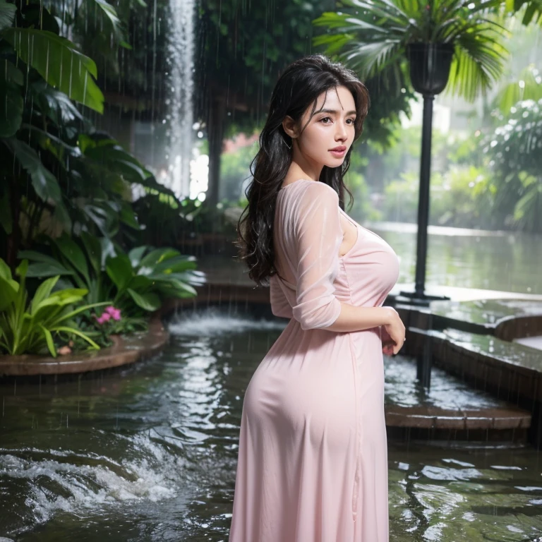 Arabic Woman walking in summer rain, ((in city park)), ((fully clothed)),, ((rain)), long red summer dress, light grey cardigan, ((white dress)), bracelets, jewelry, beads, closeup fantasy with water magic, housewife, overcast, humid, tropical, summery palette, playful, gentle smile, clothes made of water, photorealistic, dripping wet, beautiful realistic photo, hyper realistic fantasy photo, close up, narrow depth of field, 8k, ((drenched)), ((soaked)), (dripping water), dripping oil, heavy clothes, soaked in oil, medium breasts, lawn, wet all over, wet dripping hair, huge breasts, curvy, varied poses, emphasize round ass, producing round ass,