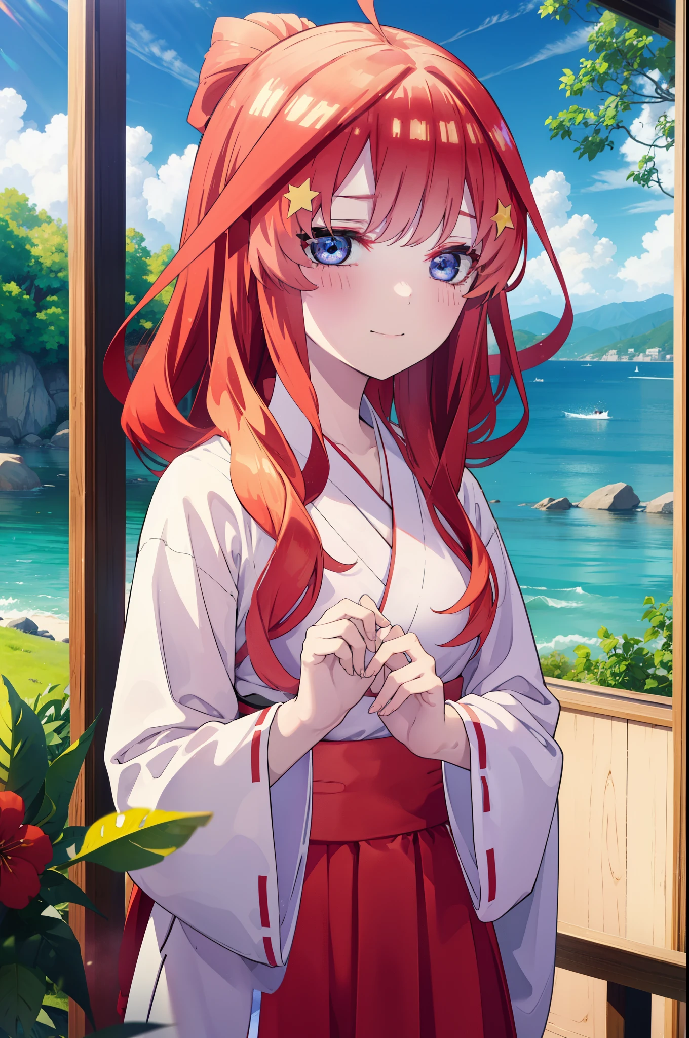 itsukinakano, Itsuki Nakano, bangs, blue eyes, Hair between the eyes, Ahoge, Redhead, star \(symbol\), hair ornaments, star hair ornaments,happy smile, smile, Close your mouth,
Bellflower,Shrine maiden,white kimono, Red too,kimono, Same as skirt, Wide sleeves, Long sleeve, Ribbon Trim Sleeve, Low Ponytail, noon,sunny,background,blue sky,The viewer is staring at a pile of burgers on a table., Are standing, 
break looking at viewer, Upper Body, whole body,
break outdoors, Burger Shop,
break (masterpiece:1.2), highest quality, High resolution, unity 8k wallpaper, (shape:0.8), (Fine and beautiful eyes:1.6), Highly detailed face, Perfect lighting, Highly detailed CG, (Perfect hands, Perfect Anatomy),