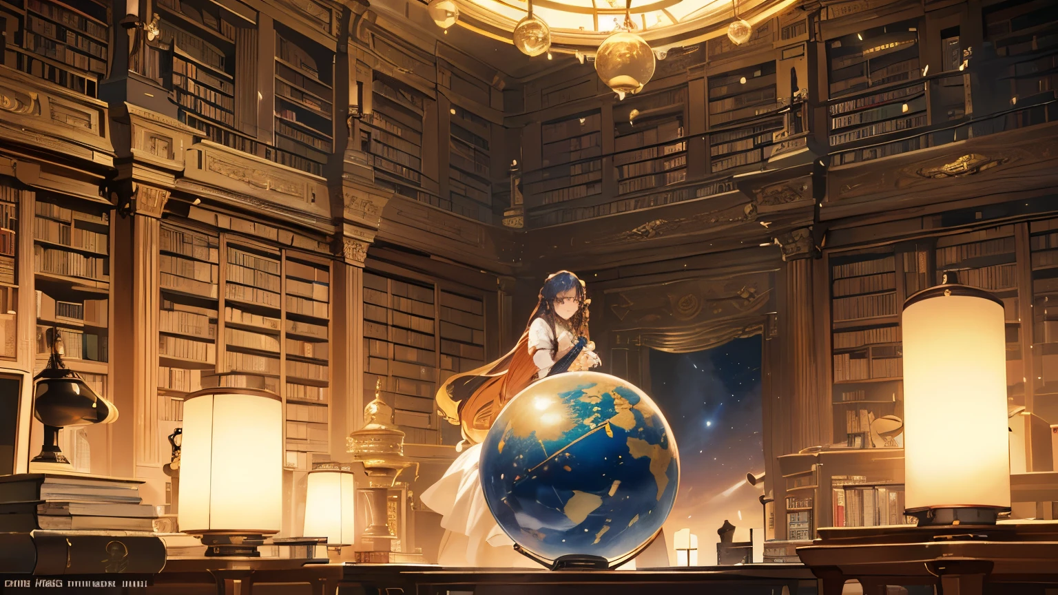 (highest quality、High resolution、masterpiece)、(Anime background art 4k)、((One Woman、astrologer、Astronomer)), ((Inside the large library、Large celestial globe、astrologerの机))、Victorian style、steampunk、Cinema Lighting、Ray Tracing、(Watercolor of singer Sargent)、