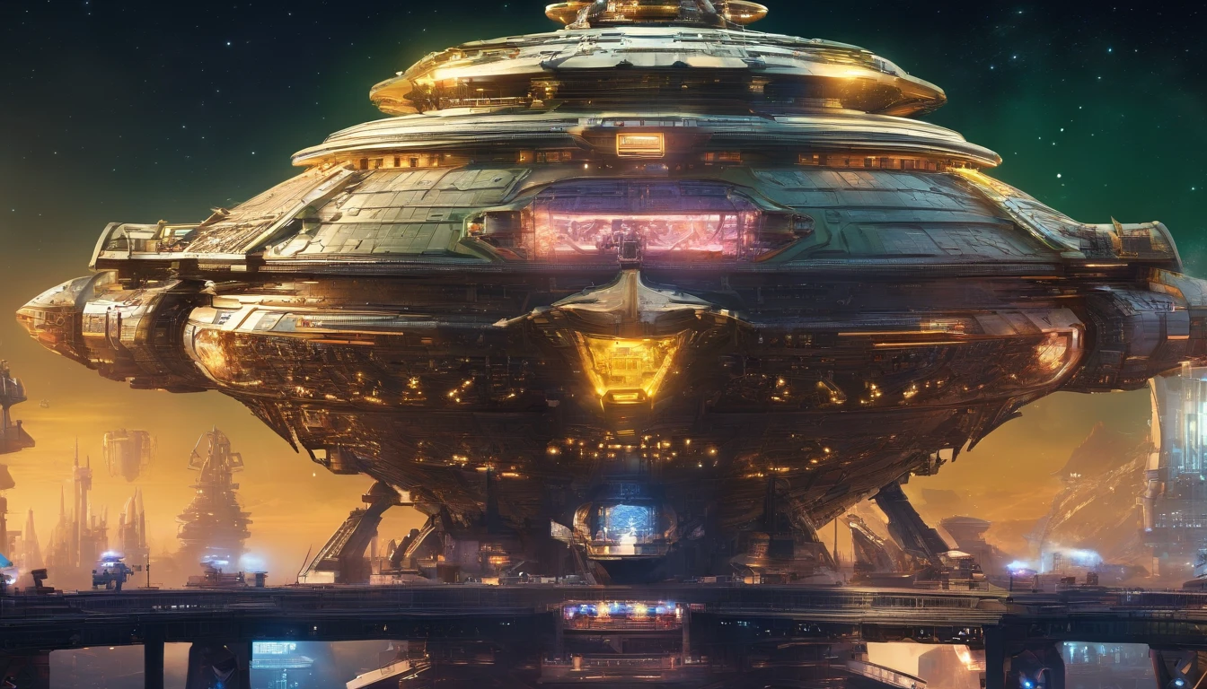 A mesmerizing 3D render of a colossal futuristic steampunk starship, blending the artistic styles of Leonardo Da Vinci and Winslow Homer. The ship is adorned in dark gold and forest green with intricate details, evoking a sense of grandeur and wonder. The massive structure features a 72 ft diameter cream-colored crystalline nacelles at a 75° angle, emitting a neon yellow light. The ship's bridge resembles a diamond-shaped G'Quan Heavy Battle Cruiser from Babylon 5, while the middle section mimics a 1974 Winnebago. The base section is reminiscent of four merged storage containers. The ship orbits a captivating planet with six enchanting moons, set against a backdrop of a space station under construction and other ships traversing the cosmos. Isometric, 3d render, architecture, cinematic, vibrant, portrait photography, realistic, isometric, solarpunk 