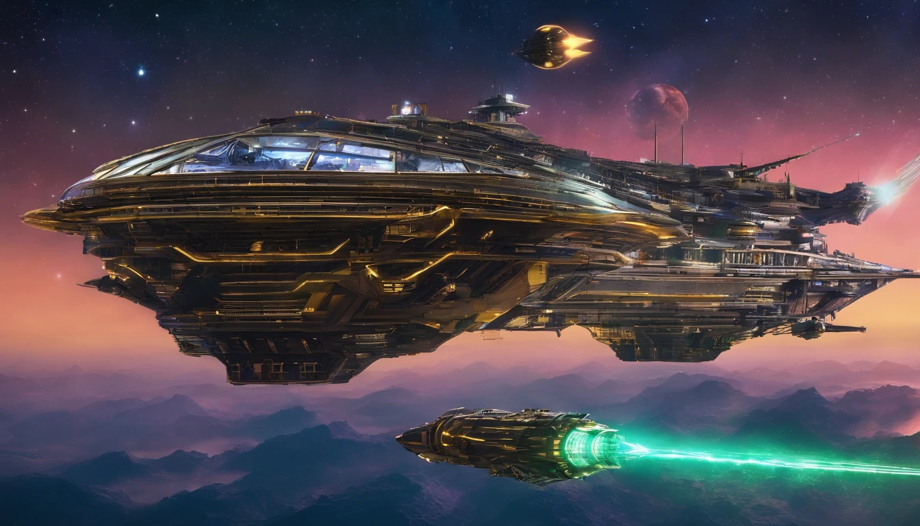 A mesmerizing 3D render of a colossal futuristic steampunk starship, blending the artistic styles of Leonardo Da Vinci and Winslow Homer. The ship is adorned in dark gold and forest green with intricate details, evoking a sense of grandeur and wonder. The massive structure features a 72 ft diameter cream-colored crystalline nacelles at a 75° angle, emitting a neon yellow light. The ship's bridge resembles a diamond-shaped G'Quan Heavy Battle Cruiser from Babylon 5, while the middle section mimics a 1974 Winnebago. The base section is reminiscent of four merged storage containers. The ship orbits a captivating planet with six enchanting moons, set against a backdrop of a space station under construction and other ships traversing the cosmos. Isometric, 3d render, architecture, cinematic, vibrant, portrait photography, realistic, isometric, solarpunk 