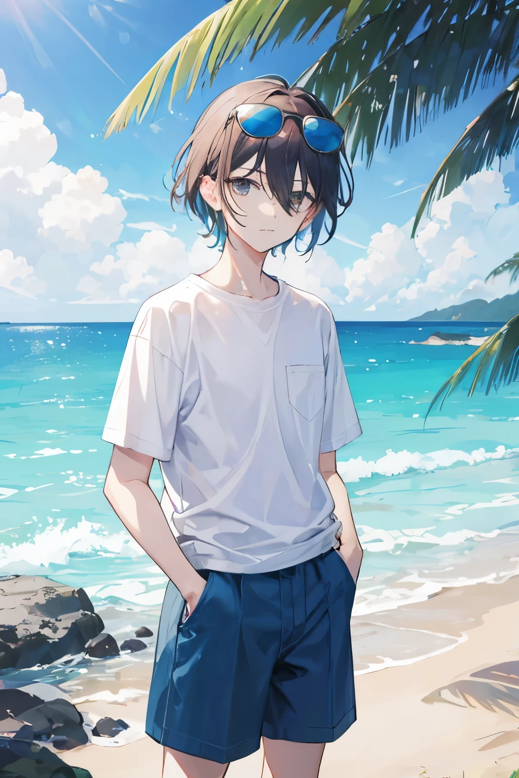 Gojo is wearing casual summer clothing: a white short-sleeved shirt, light blue shorts, and a pair of sunglasses resting on his head. He stands relaxed, with his hands in his pockets, looking out at the vast, beautiful ocean. The expression on his face is one of peaceful contentment, as if he is lost in thought, appreciating the beauty of the moment.