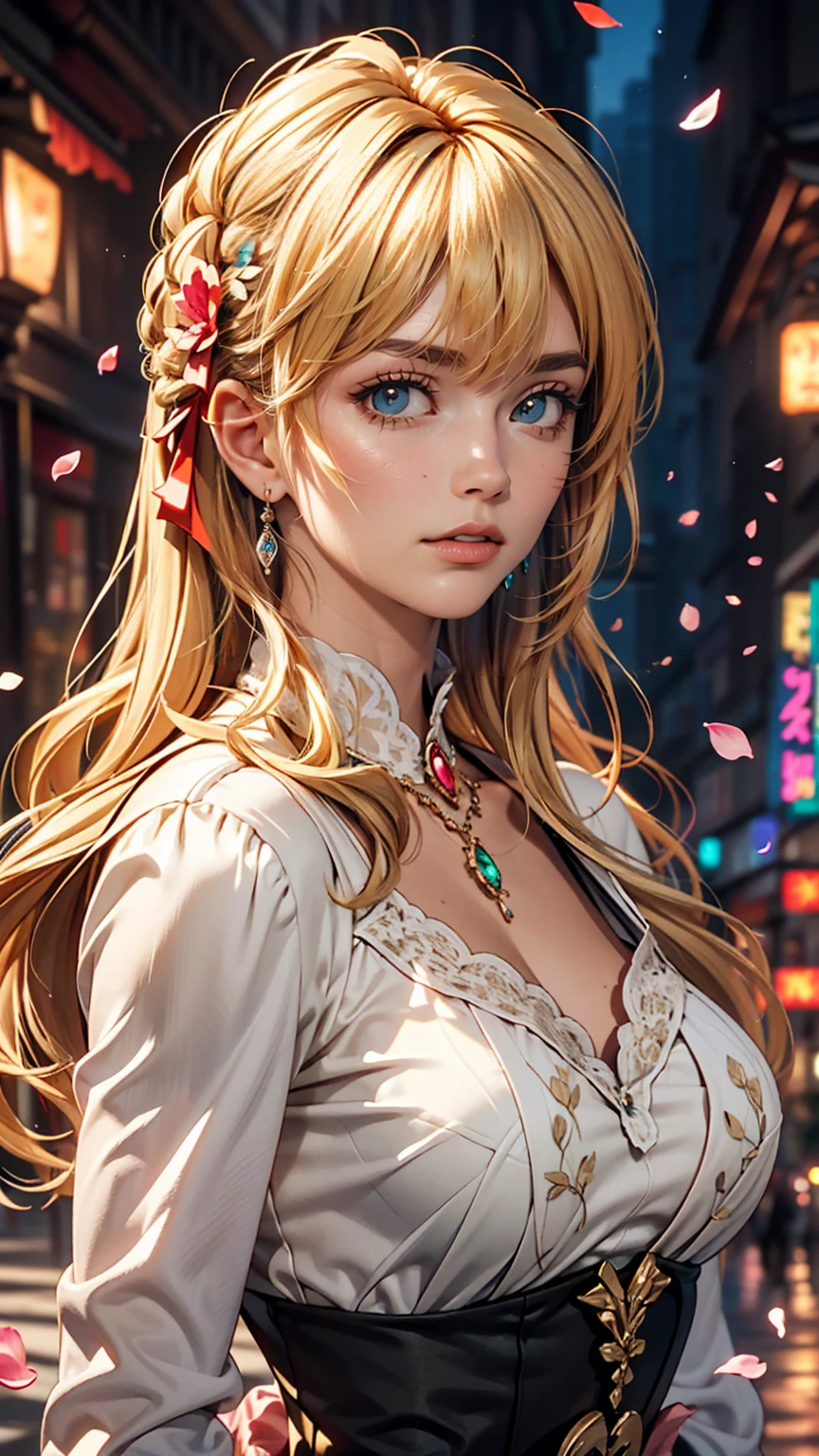 (Dynamic Angle:1.3),Extreme close up,the wind is strong,映画ofハイライト,1人of女of子,Upper Body,dancing,View Viewer, violet_Evergarden, alone, jewelry, blank eye,brooch, blonde_hair,( vevry long hair:1.2),floating hairlong_sleeve, ribbon, green_eye, Jacket, dress, gem, hair_ribbon,null, depth_of_Field, a close view of flying petal,