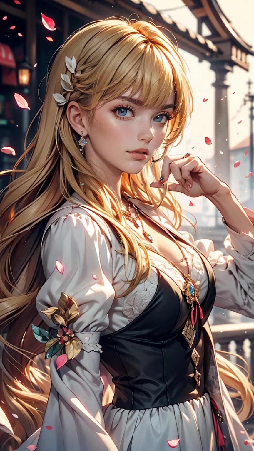 (Dynamic Angle:1.3),Extreme close up,the wind is strong,映画ofハイライト,1人of女of子,Upper Body,dancing,View Viewer, violet_Evergarden, alone, jewelry, blank eye,brooch, blonde_hair,( vevry long hair:1.2),floating hairlong_sleeve, ribbon, green_eye, Jacket, dress, gem, hair_ribbon,null, depth_of_Field, a close view of flying petal,