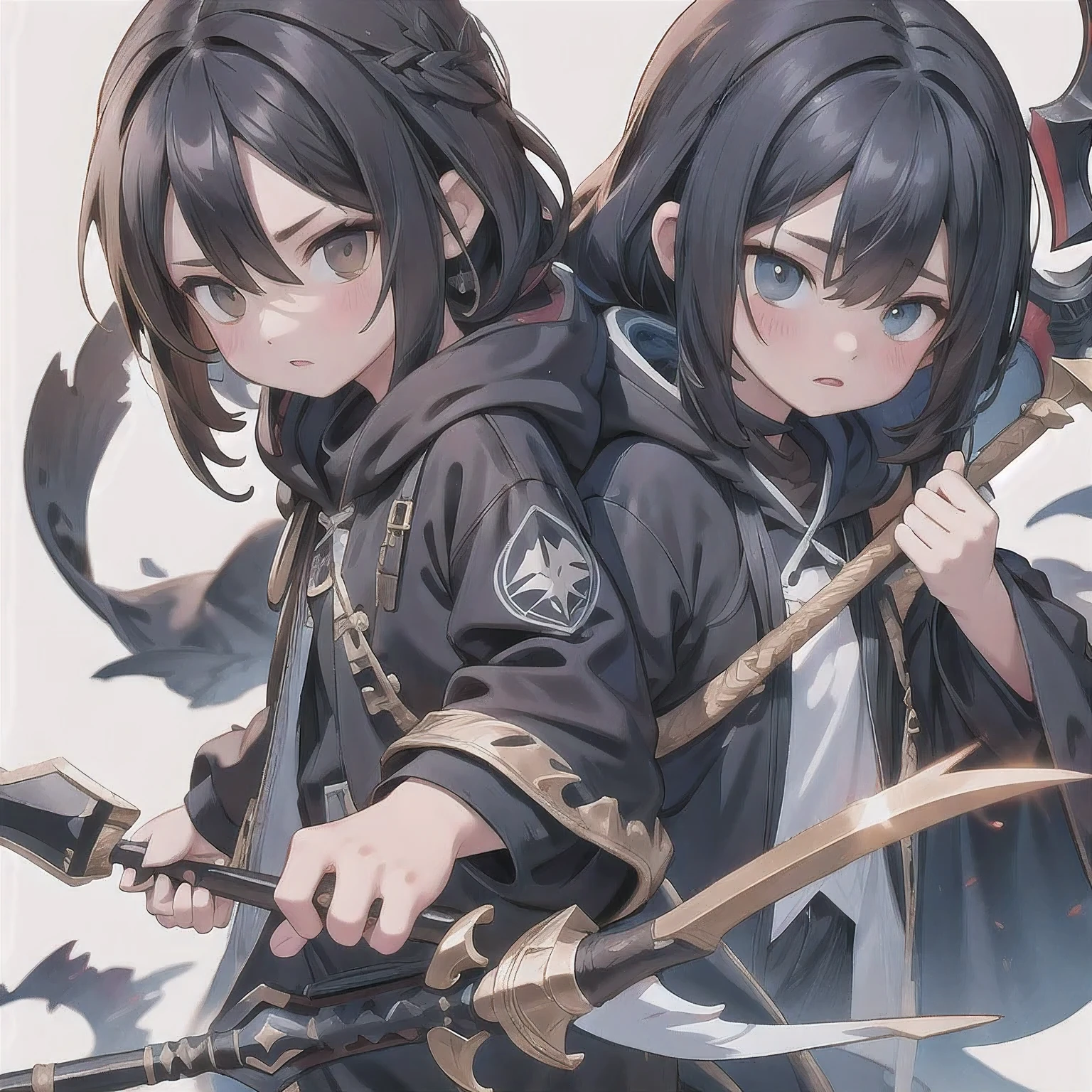 Black Grim Reaper,((flax))Pure white background,Pure black clothes,Pure black hoodie,Pure Black Scythe,Squinting,Dark Canyon,Thick fog rising
