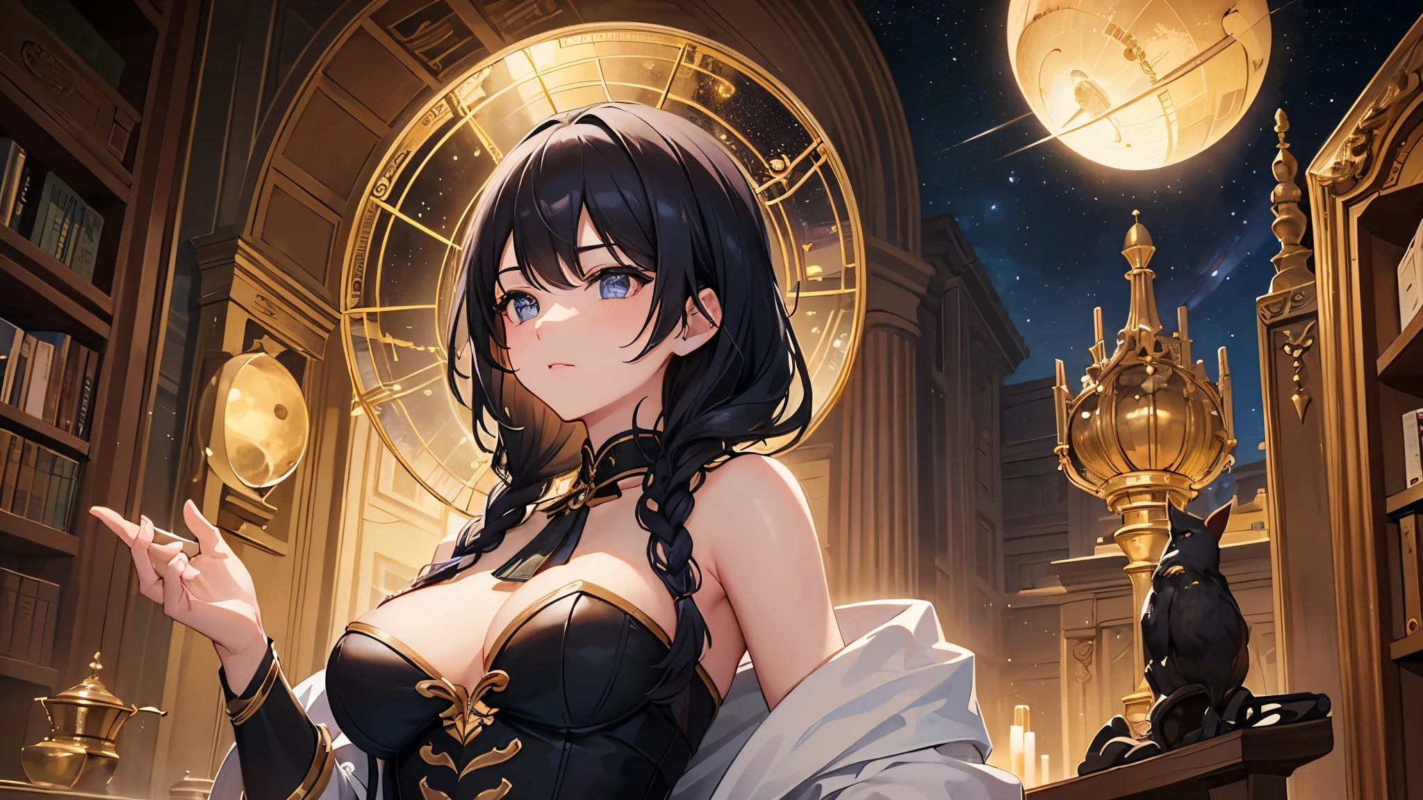 (highest quality、High resolution、masterpiece)、(Anime background art 4k)、((One Woman、astrologer、Astronomer、Upper Body、Black Hair、Small breasts)), ((Inside the large library、Large celestial globe、astrologerの机))、Victorian style、steampunk、Cinema Lighting、Ray Tracing、(Watercolor of singer Sargent)、