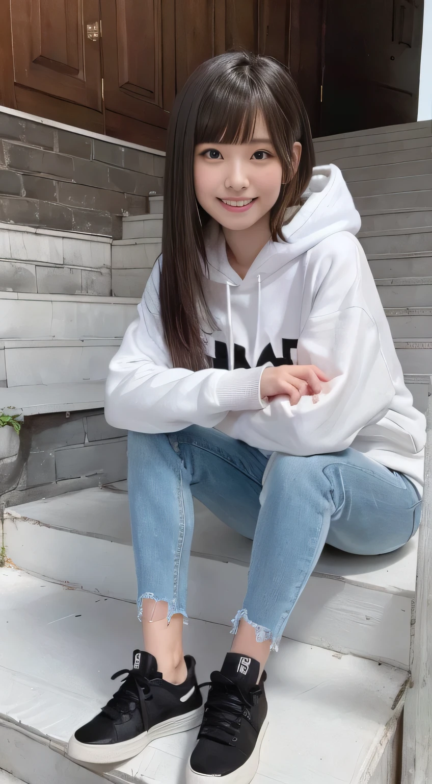 highest quality, Realistic, Very detailed, Finer details, High resolution, 8k wallpaper, One beautiful woman,Sit on the stairs、(Wear black socks)smile、(Beautiful teeth alignment、)(Gums are visible) Oversized hoodie, Skinny jeans,( Black sneakers)、Black Hair、 Beautiful Bangs、ear piercing、Perfect dynamic composition, Beautiful and detailed, Full Body Shot, A big smile