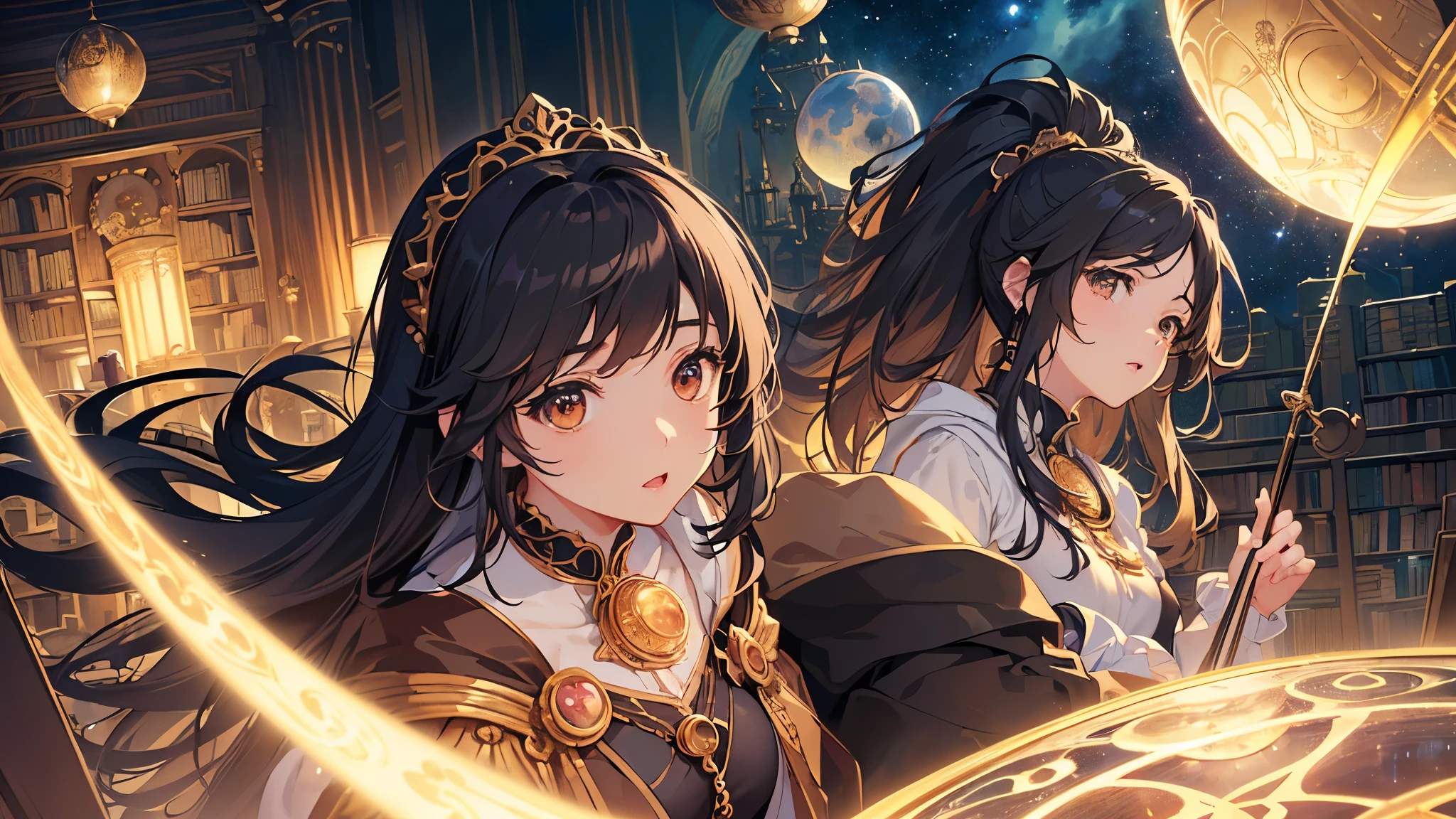 (highest quality、High resolution、masterpiece)、(Anime background art 4k)、((One Woman、astrologer、Astronomer、Upper Body、Black Hair、Small breasts)), ((Inside the large library、Large celestial globe、astrologerの机))、Victorian style、steampunk、Cinema Lighting、Ray Tracing、(Watercolor of singer Sargent)、