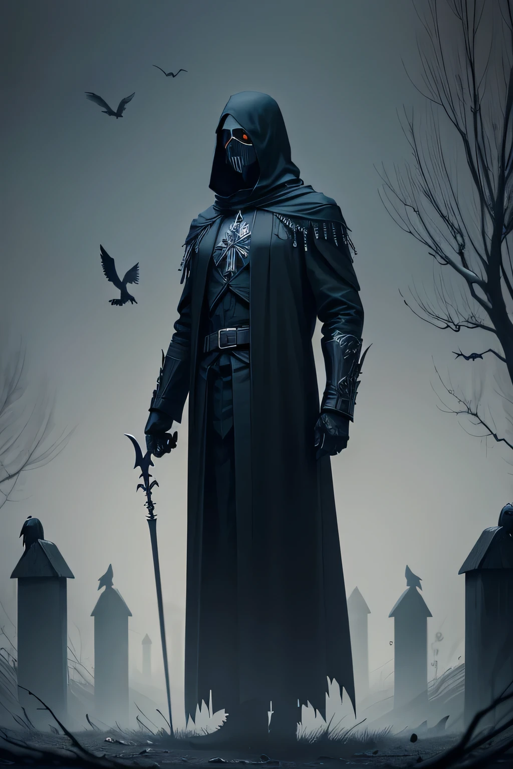 Black Reaper,Death standing in front of a tree,Birds flying around, Death of the Night!!!!, Reminds me of the Grim Reaper, Fantasy Dark Art, dark landscape, Dark Fantasy Art, Black Crow, An ominous fantasy illustration, Dark Fantasy Art, Dark Fantasy Artwork, Death is a terrible thing, Dark Hood Ghost, The crow as a symbol of death