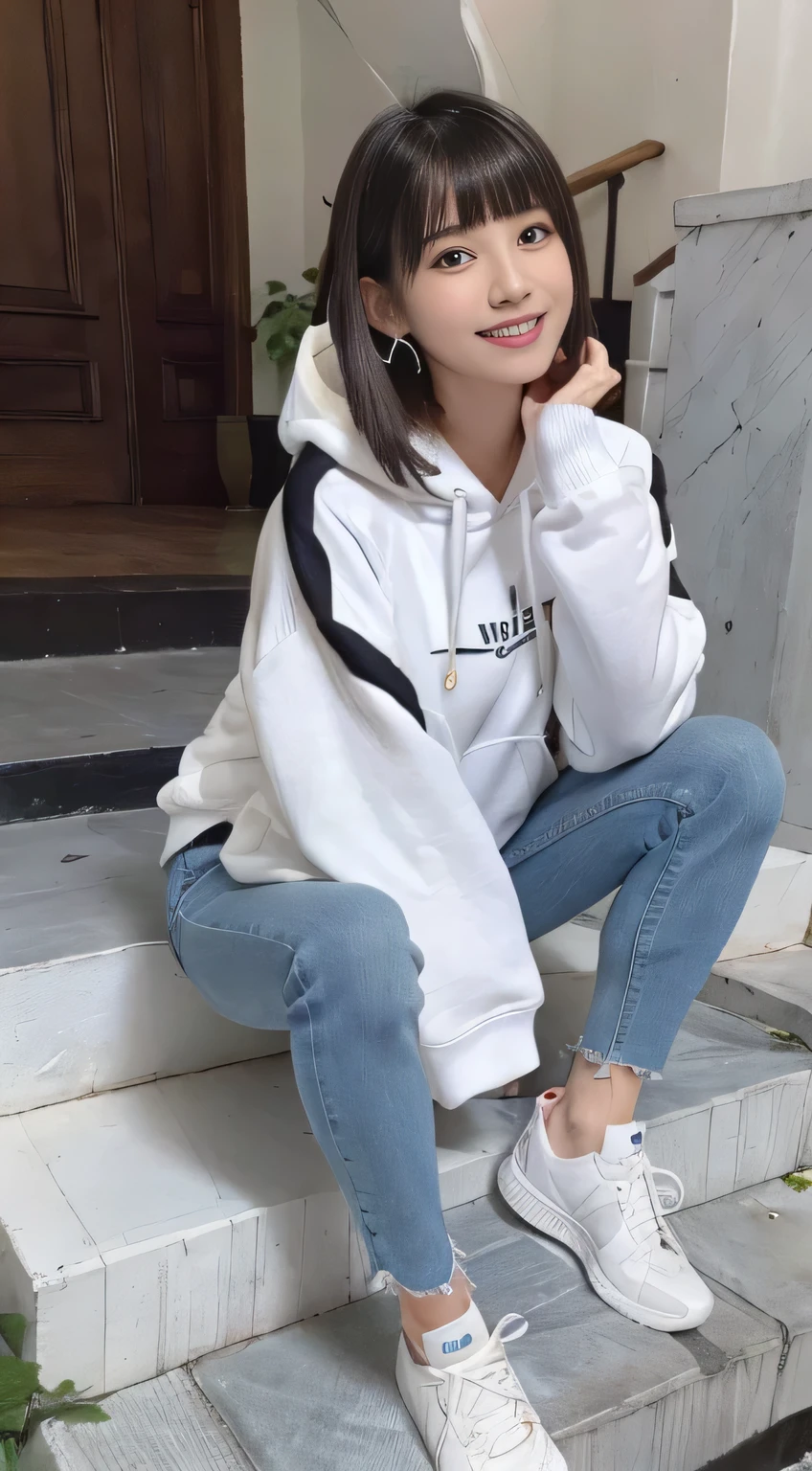 highest quality, Realistic, Very detailed, Finer details, High resolution, 8k wallpaper, One beautiful woman,Sit on the stairs、(Wear black socks)smile、(Beautiful teeth alignment、)(Gums are visible) Oversized hoodie, Skinny jeans,( Black sneakers)、Black Hair、 Beautiful Bangs、ear piercing、Perfect dynamic composition, Beautiful and detailed, Full Body Shot, A big smile