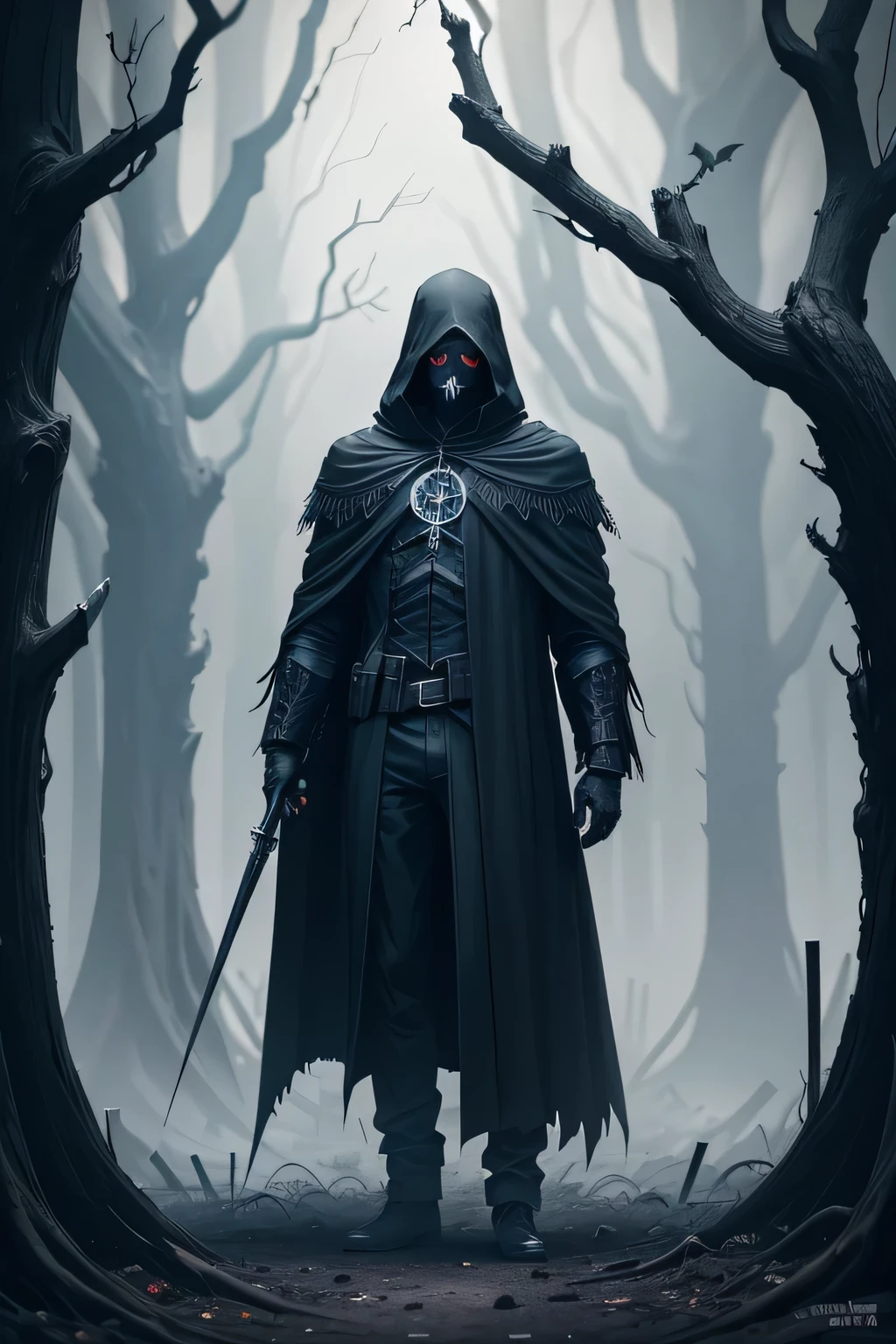 Black Reaper，Death standing in front of a tree，Birds flying around, Death of the Night!!!!, Reminds me of the Grim Reaper, Fantasy Dark Art, dark landscape, Dark Fantasy Art, Black Crow, An ominous fantasy illustration, Dark Fantasy Art, Dark Fantasy Artwork, Death is a terrible thing, Dark Hood Ghost, The crow as a symbol of death
