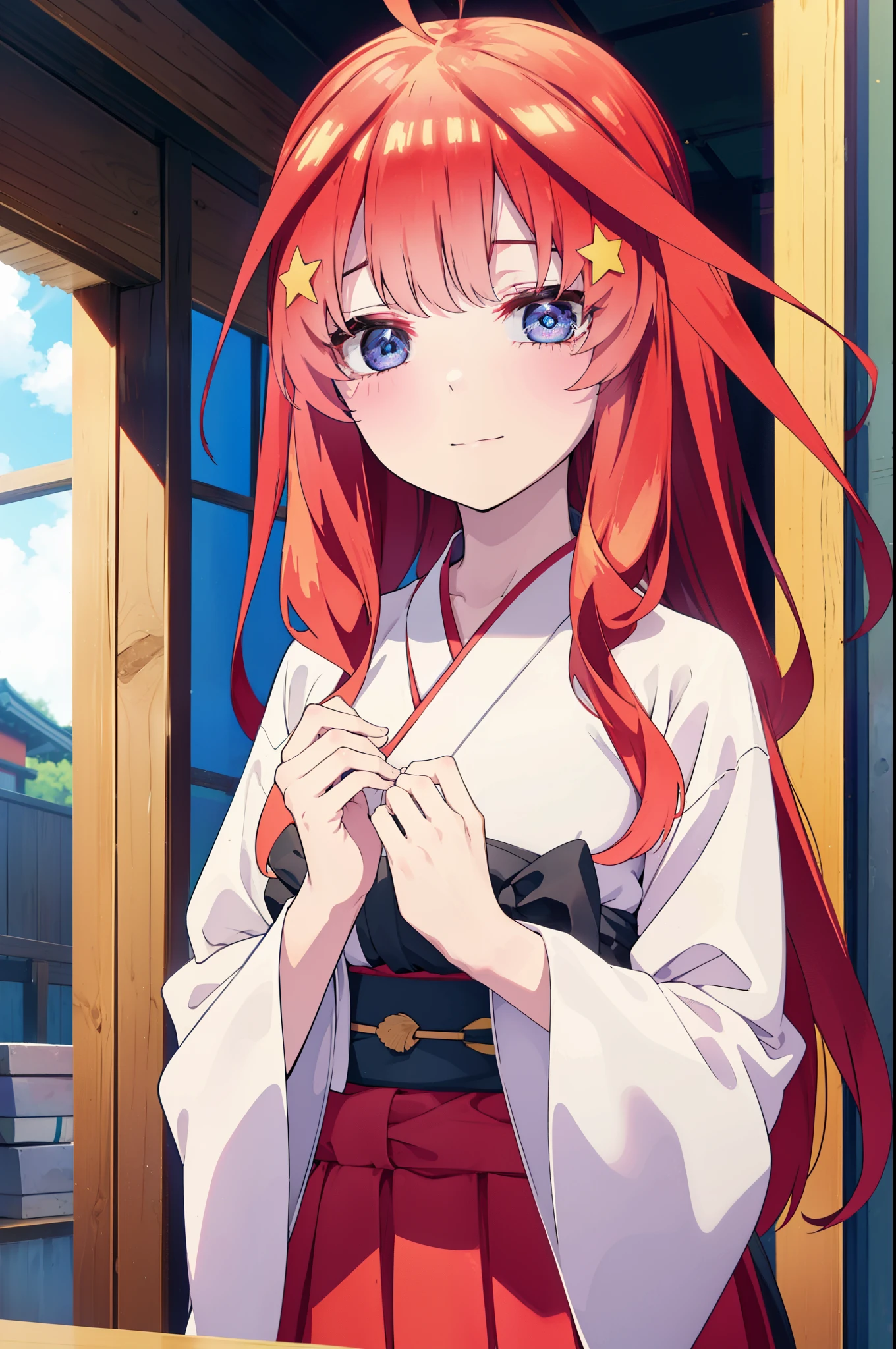 itsukinakano, Itsuki Nakano, bangs, blue eyes, Hair between the eyes, Ahoge, Redhead, star \(symbol\), hair ornaments, star hair ornaments,happy smile, smile, Close your mouth,
Bellflower,Shrine maiden,white kimono, Red too,kimono, Same as skirt, Wide sleeves, Long sleeve, Ribbon Trim Sleeve, Low Ponytail, noon,sunny,background,blue sky,The viewer is staring at a pile of burgers on a table., Are standing, 
break looking at viewer, Upper Body, whole body,
break indoors, Burger Shop,
break (masterpiece:1.2), highest quality, High resolution, unity 8k wallpaper, (shape:0.8), (Fine and beautiful eyes:1.6), Highly detailed face, Perfect lighting, Highly detailed CG, (Perfect hands, Perfect Anatomy),