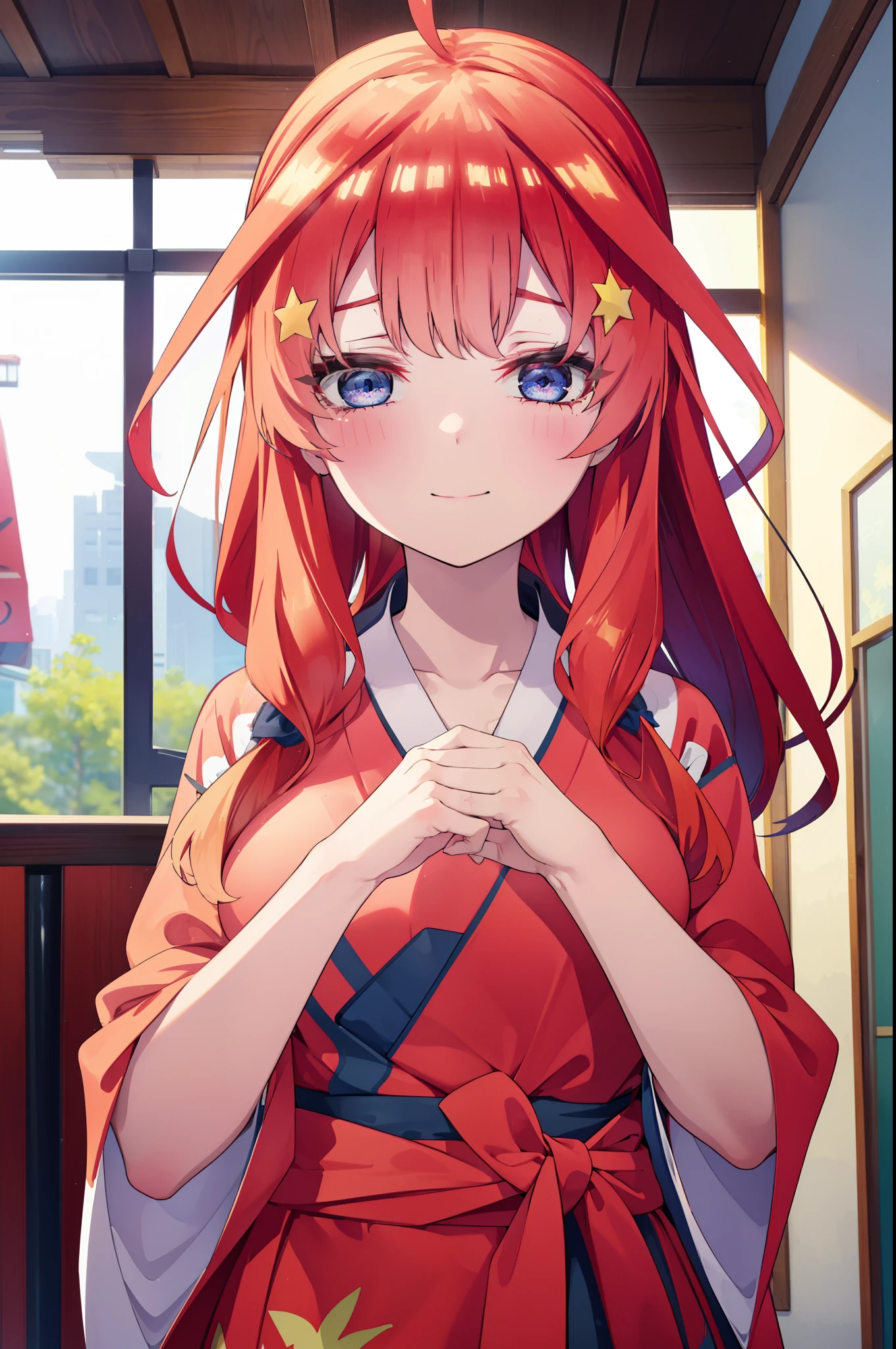 itsukinakano, Itsuki Nakano, bangs, blue eyes, Hair between the eyes, Ahoge, Redhead, star \(symbol\), hair ornaments, star hair ornaments,happy smile, smile, Close your mouth,
Bellflower,Shrine maiden,white kimono, Red too,kimono, Same as skirt, Wide sleeves, Long sleeve, Ribbon Trim Sleeve, Low Ponytail, noon,sunny,background,blue sky,The viewer is staring at a pile of burgers on a table., Are standing, 
break looking at viewer, Upper Body, whole body,
break indoors, Burger Shop,
break (masterpiece:1.2), highest quality, High resolution, unity 8k wallpaper, (shape:0.8), (Fine and beautiful eyes:1.6), Highly detailed face, Perfect lighting, Highly detailed CG, (Perfect hands, Perfect Anatomy),