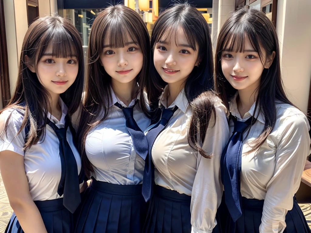 (8K, Raw photography, top-quality, masterpiece:1.2), ((3 beatiful girls))、.(Realistic Skins 1.4)、(((female high-school student、School Uniforms、)))、{{(The background is a luxury hotel room}}((School Uniforms、white Cutter shirt、darkblue pleatedskirt))、((long hair))、(short hair),(A dark-haired、The forehead is hidden by bangs、)、Black eyes、shinny skin.Beautiful delicate face、Beautiful delicate eyes、{Voluptuous body shape、Thicker thighs}、One piercing in each ear、((smile:1.3)),((large breasts)), ((navy blue tie)) ,looking at camera, ((close up))