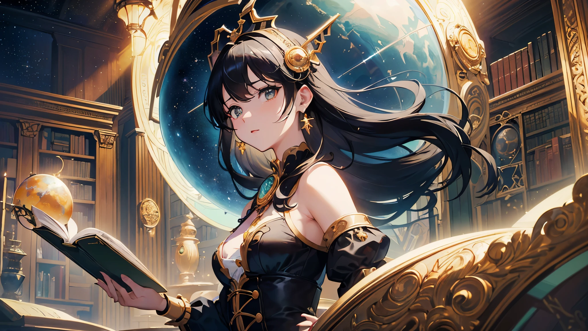 (highest quality、High resolution、masterpiece)、(Anime background art 4k)、((One Woman、astrologer、Astronomer、Upper Body、Black Hair、Small breasts)), ((Inside the large library、Large celestial globe、astrologerの机))、Victorian style、steampunk、Cinema Lighting、Ray Tracing、(Watercolor of singer Sargent)、