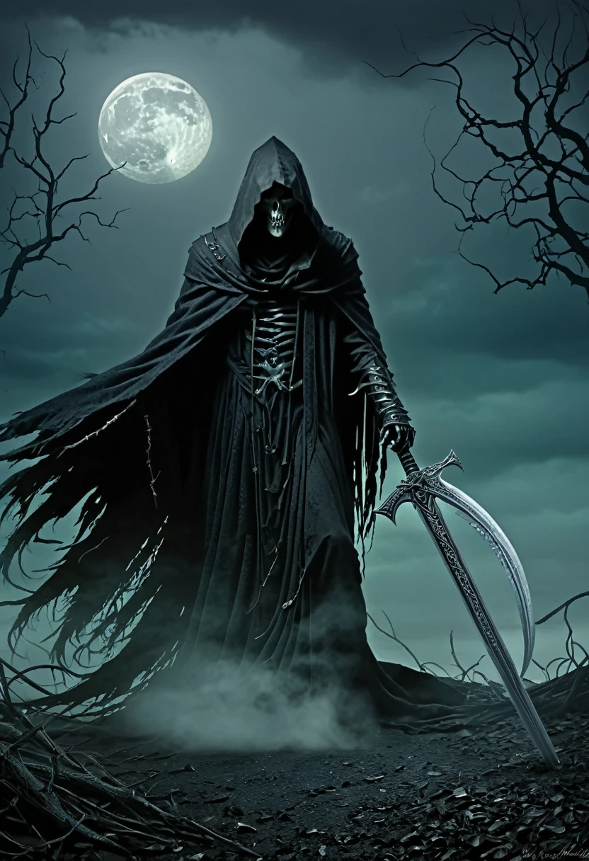 (best quality,highres),detailed reaper with scythe,ominous atmosphere,dark fantasy,gothic style,heavy shadows,misty fog,moonlit night,rustling leaves,sinister presence,mysterious figure,sharp sickle,hooded cloak,ethereal glow,ominous sky,chilling wind,ominous aura,gloomy setting,whispering echoes,haunting landscape,spectral beauty,color contrast,dramatic composition,spooky vibes,dark imagery.