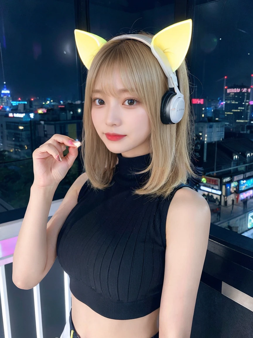 最high quality, masterpiece, 32k、Very detailed、Realistic、1 girl, Japanese women、Cute Face, (photo Actual:1.3),Bob Hair(Golden hair color、Blonde Hairstyles)、Edge lighting, (Skin with attention to detail:1.2), 8k超High resolution, Single-lens reflex camera, high quality, High resolution, 4K, 8k, Optimal ratio of four fingers to one thumb, (Actual:1.3), cute 1 girl, Realistic、Super Realistic、32k、Very detailed、masterpiece, 最high quality, beautiful girl, beauty、Mecha, Beautiful lighting, (Neon Light:1.2), (night:1.5), kpop idol costumes、Sleeveless outfit、Shorts、Large Breasts(Big Tits、With a valley)、Cat ears microphone headphones(Headphones with microphone gaming headgear、Head Fan)、Are standing、Cyber Neon、Future City、Skyscraper、都会のnight、Shanghai、Big cities、night景、綺麗なnight景