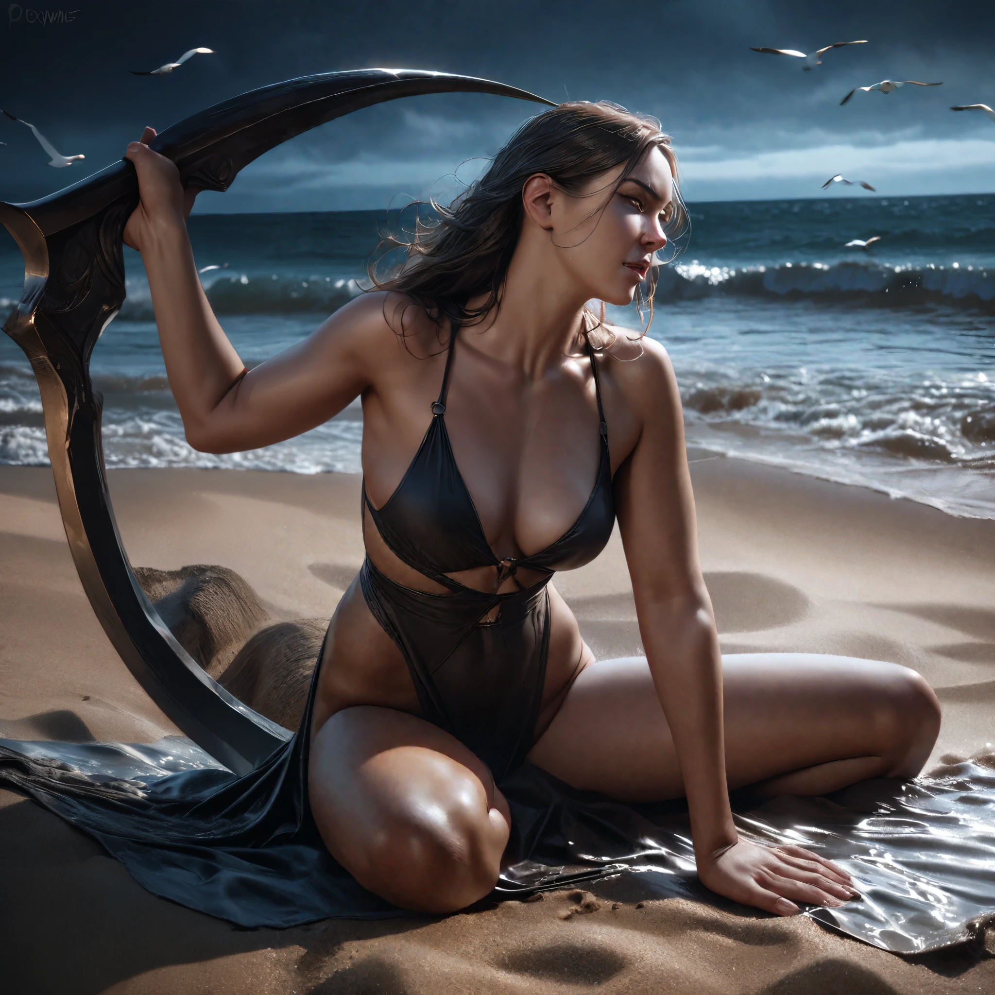 (best quality,4k,8k,highres,masterpiece:1.2),ultra-detailed,(realistic,photorealistic,photo-realistic:1.37),dark and atmospheric,horror,beach,night time,sexy poses,grim reaper,scythe,black cloak,tall and slender figure,smoky and mystic atmosphere,moonlit sky,gentle waves,starshine,glimmering sand,beach chair,seagulls,windswept hair,sensual body language